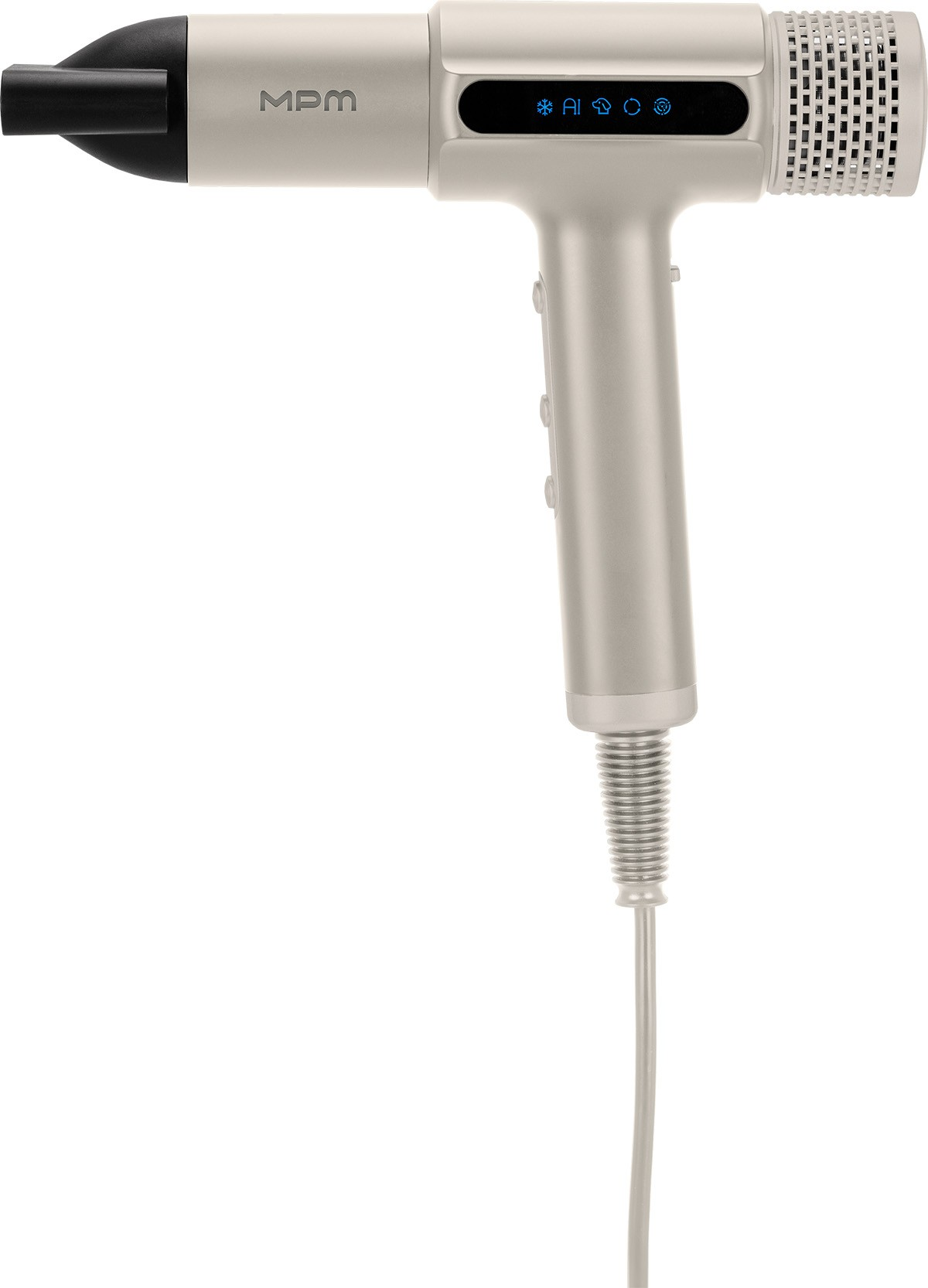 Nowoczesna beżowa suszarka do włosów z cyfrowym wyświetlaczem, czarną dyszą i kablem na jasnym tle.