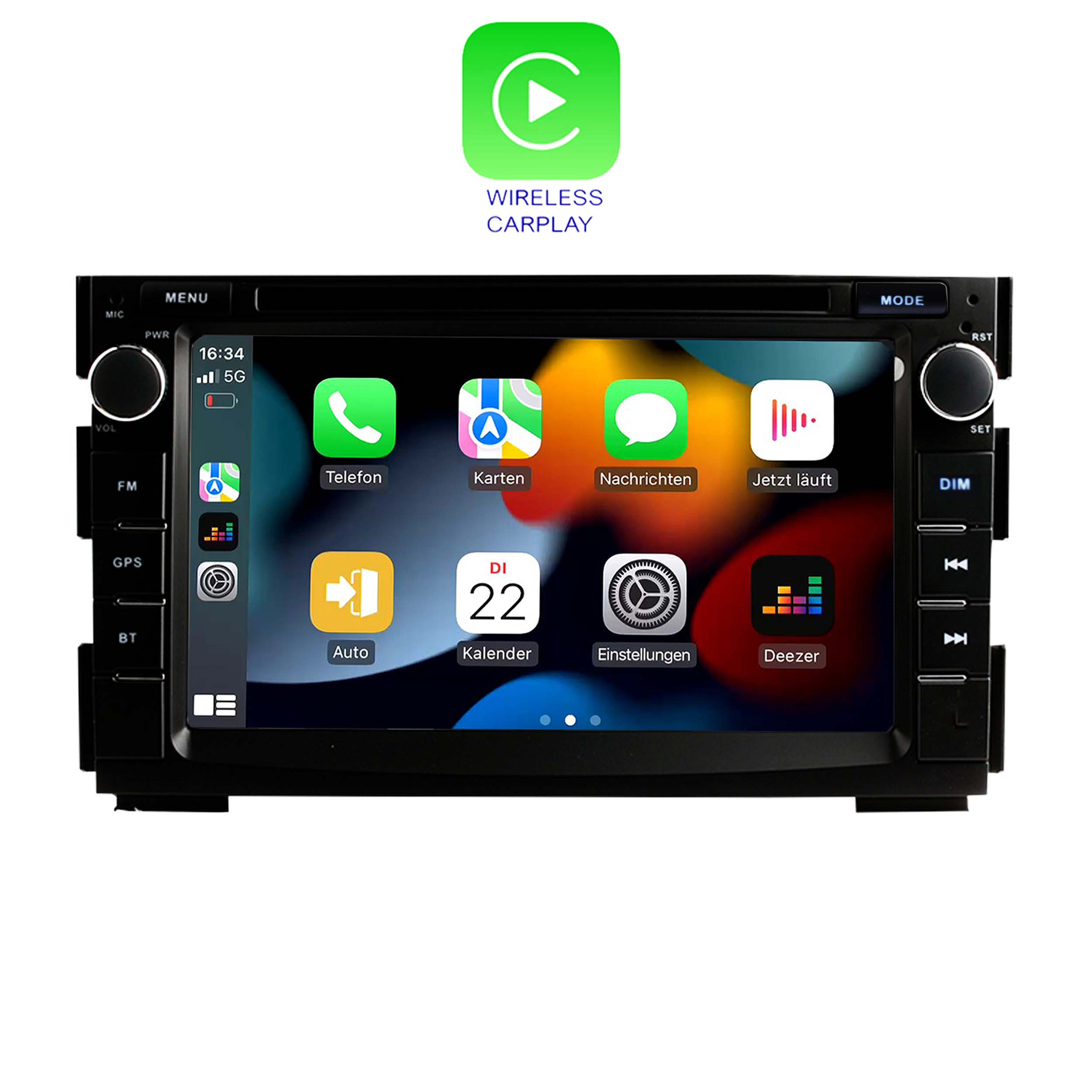 Ein Car-Audio-Bildschirm mit Wireless CarPlay und verschiedenen App-Symbolen auf der Benutzeroberfläche.