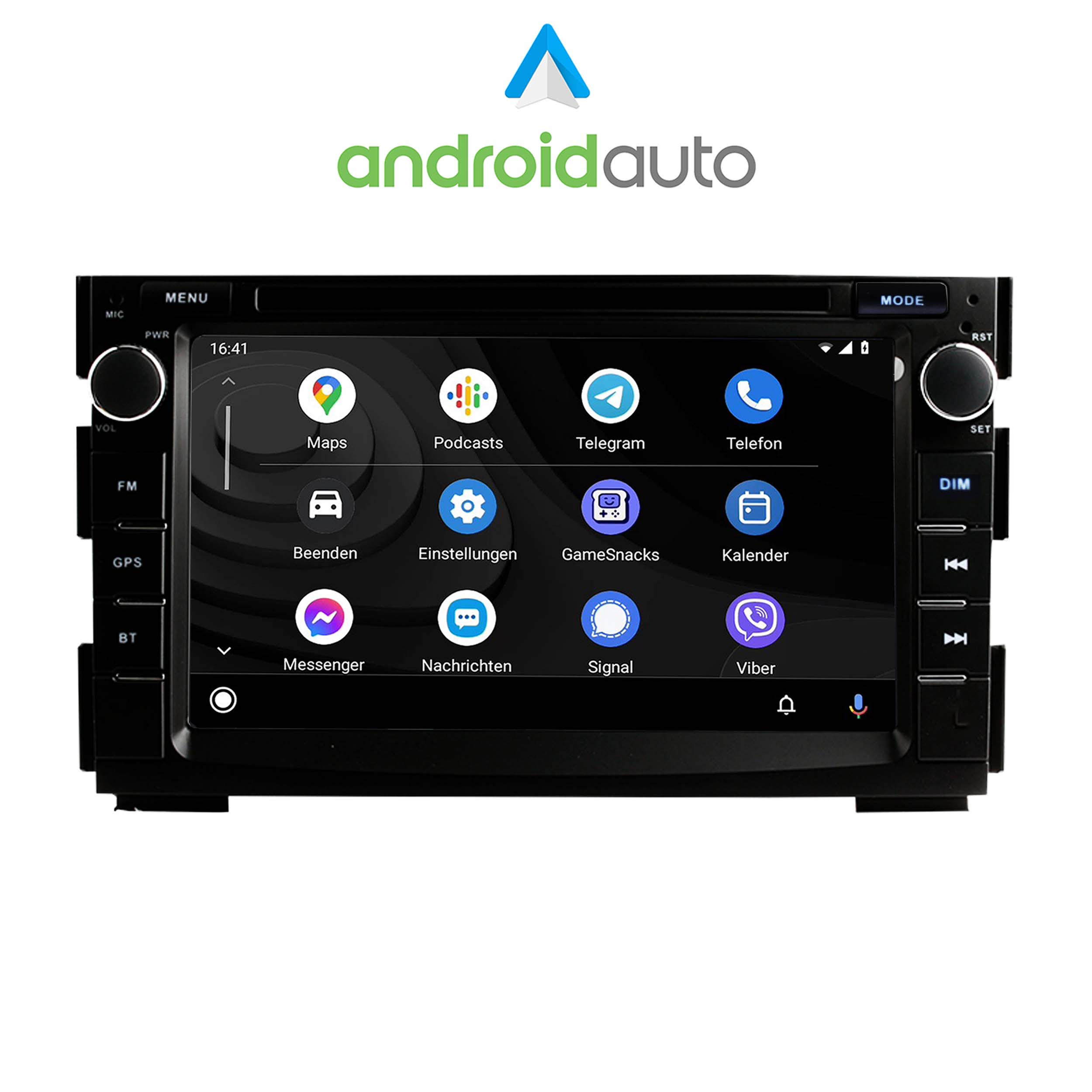 Android Auto Display mit verschiedenen App-Symbolen und physischen Tasten an den Seiten.