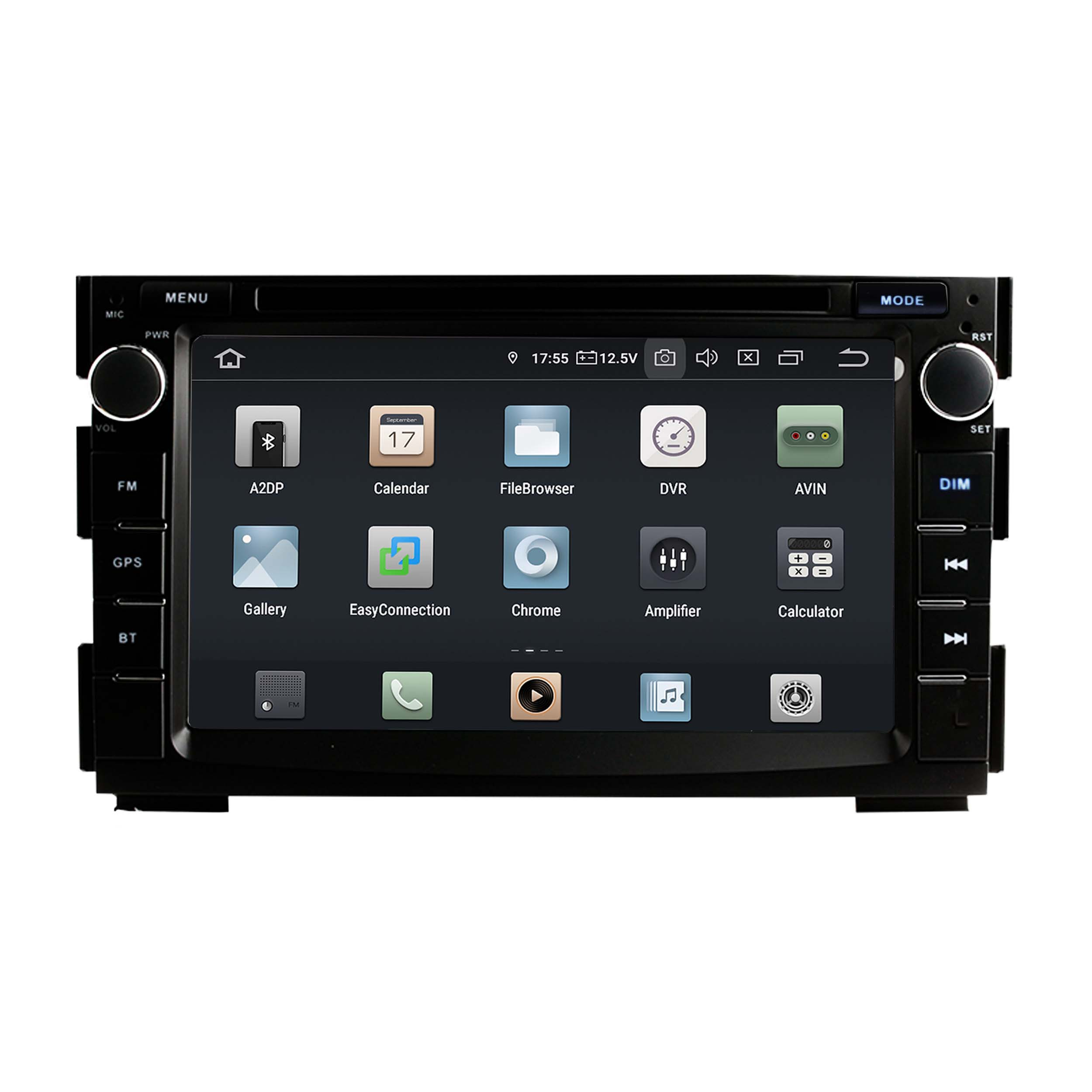 Ein Autonavigationssystem mit Touchscreen, App-Symbolen und seitlichen Tasten auf schwarzem Hintergrund.