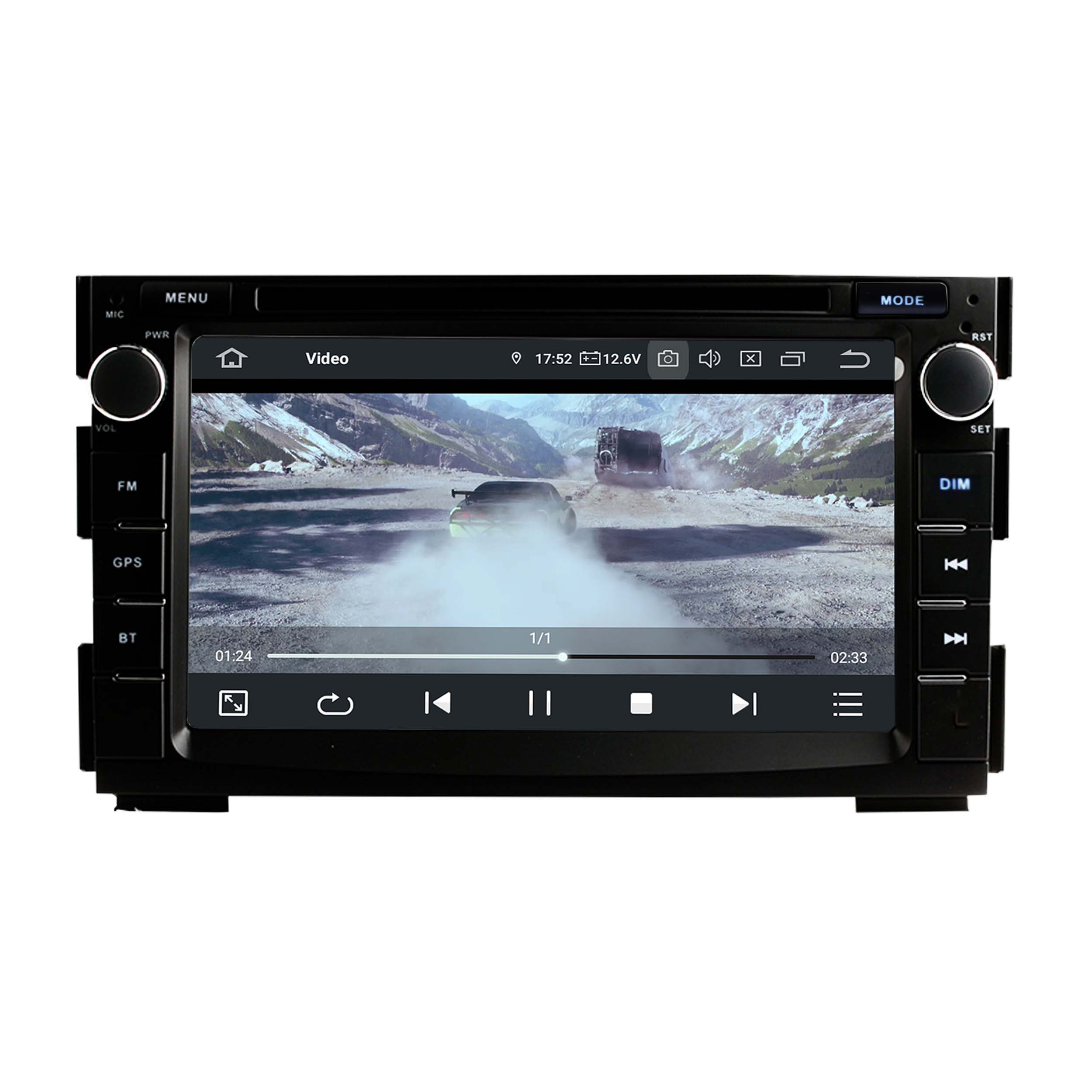 Ein Car-Audio-System zeigt ein Video eines Autos in einer bergigen Landschaft auf dem Touchscreen.