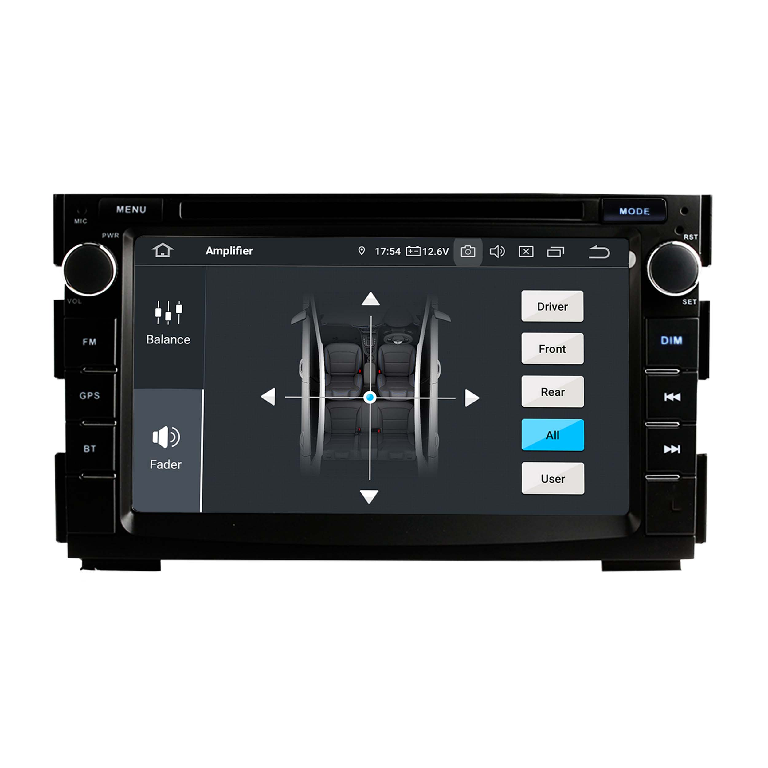Ein Car-Radio mit Touchscreen zeigt das Audio-Verstärker-Menü mit Auto-Sitz-Grafik und Einstellungsoptionen.