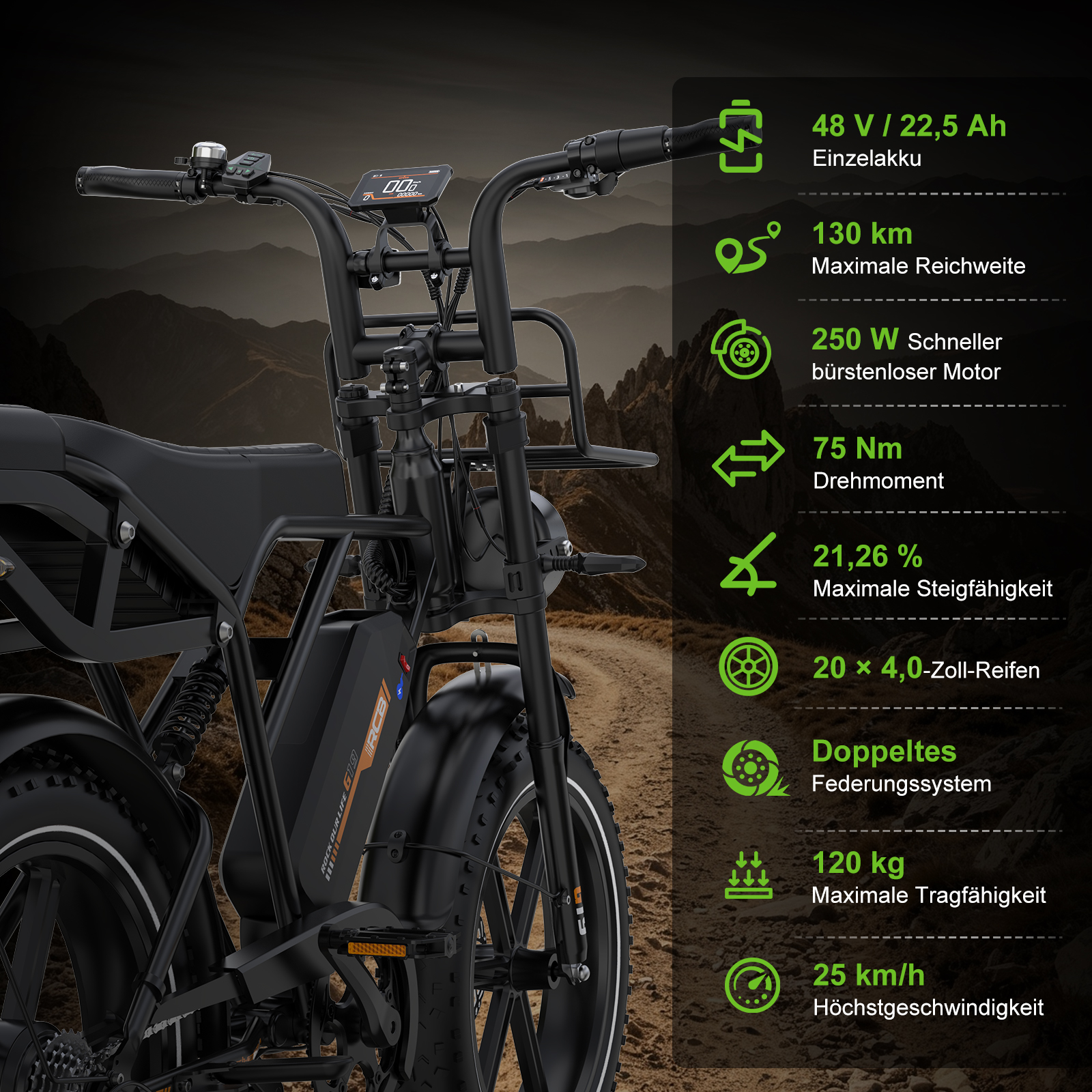 Schwarzes E-Bike auf einer Schotterstraße vor einer Bergkulisse mit grünem Infotext auf der rechten Seite.