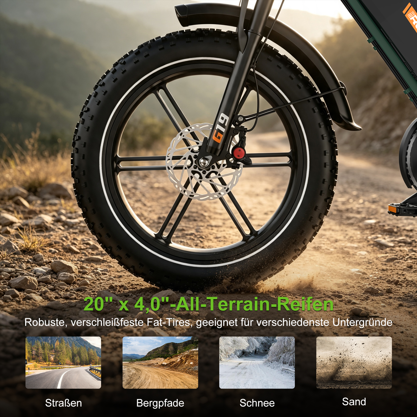 Nahaufnahme eines Fahrrad-Fat-Tires auf einem Feldweg mit Text über All-Terrain-Reifen und Geländesymbolen.