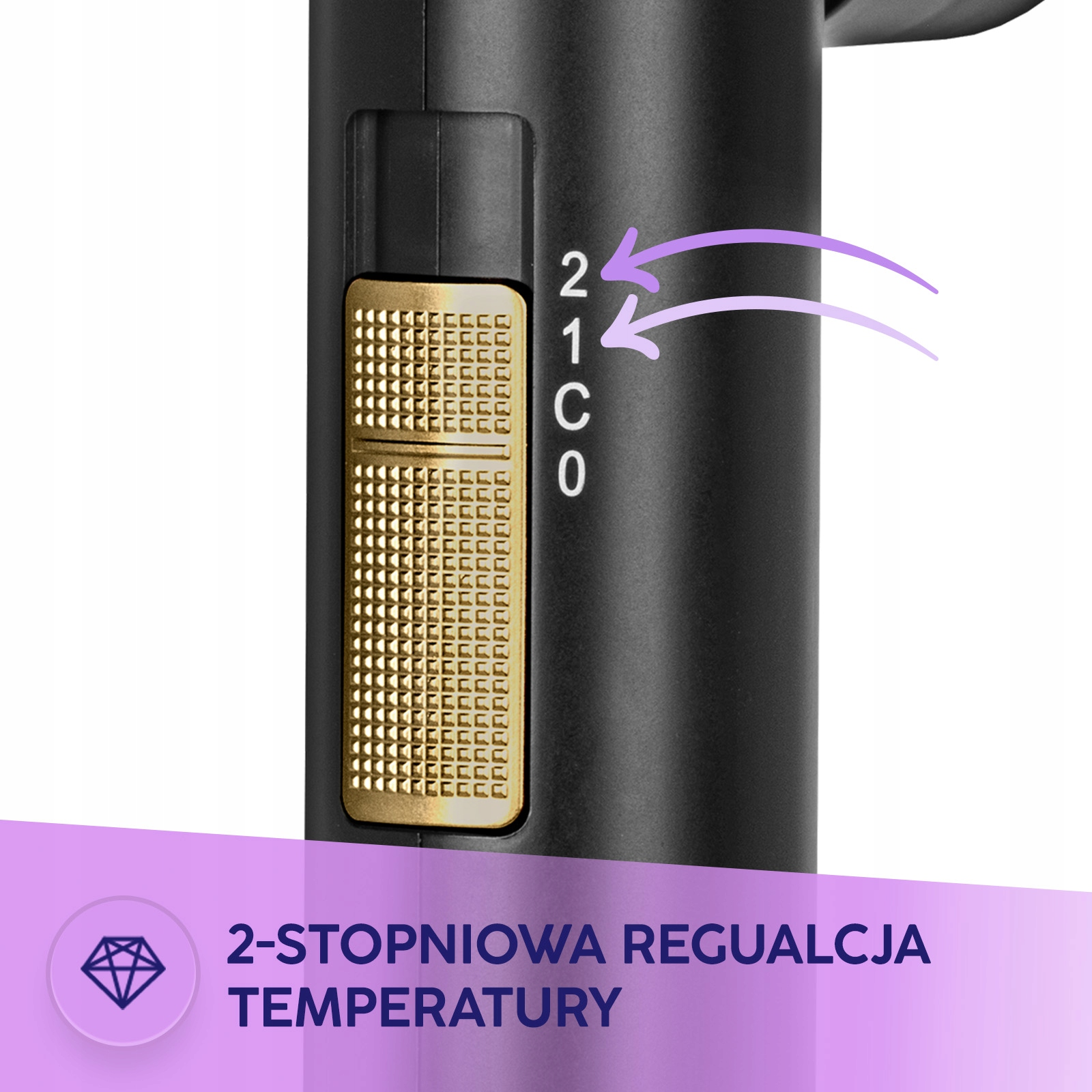 Złoty przełącznik na czarnej suszarce do dwustopniowej regulacji temperatury.