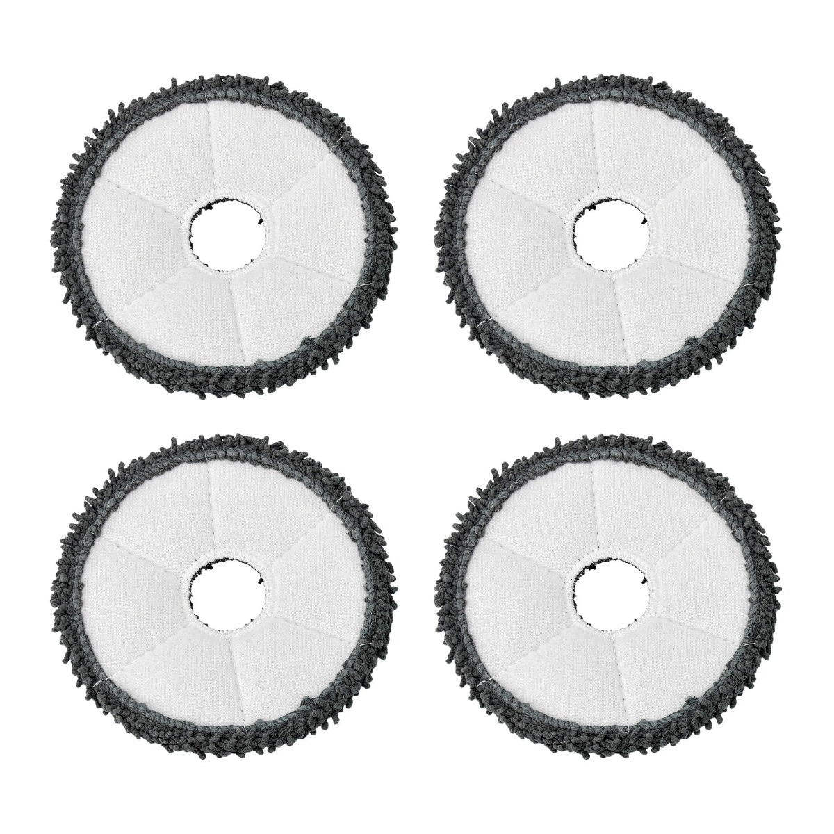 Quattro panni per mocio bianchi e rotondi con bordi scuri e un foro centrale.