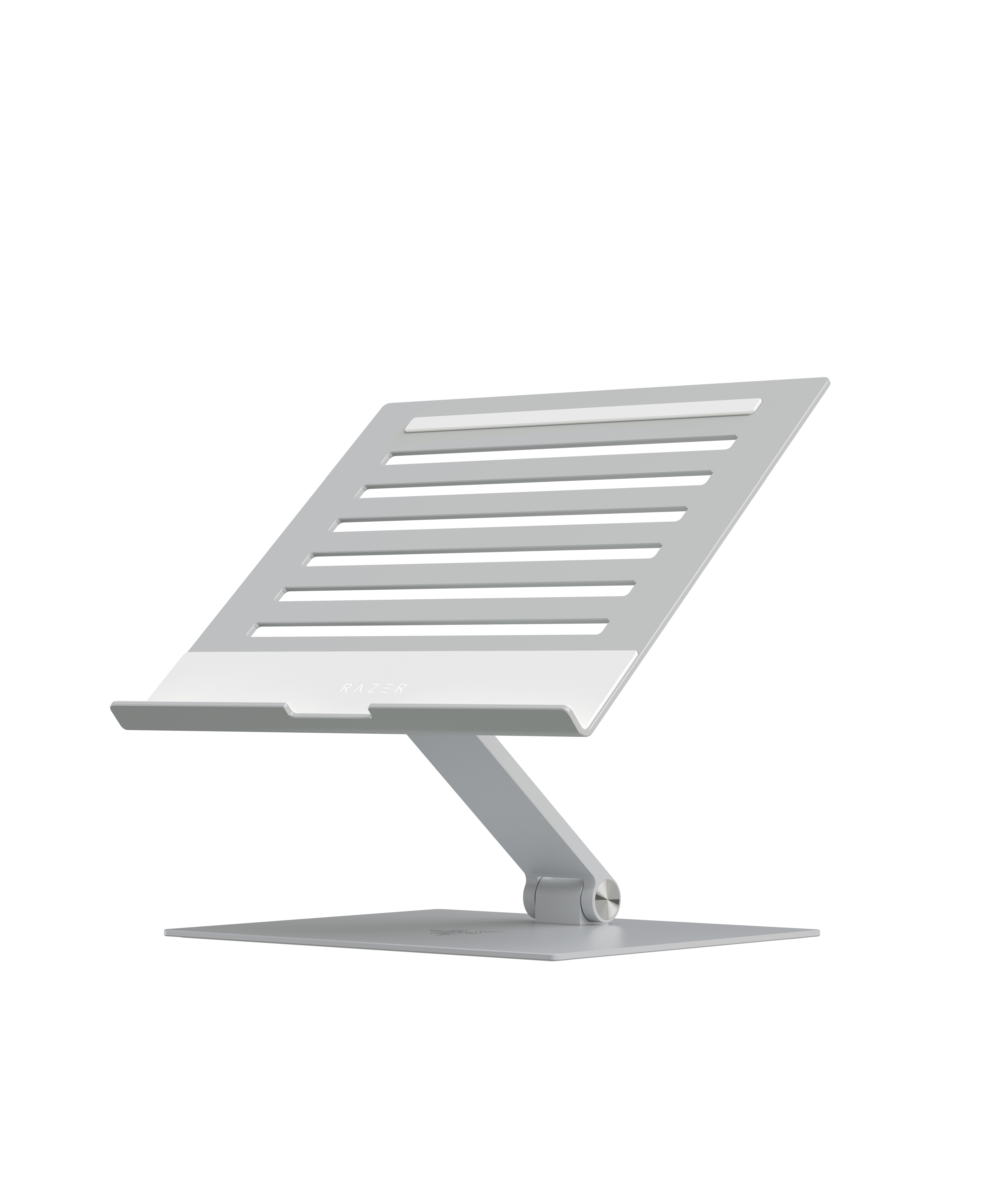 A silver adjustable laptop stand with ventilation slots, seen from a low angle on a white background.