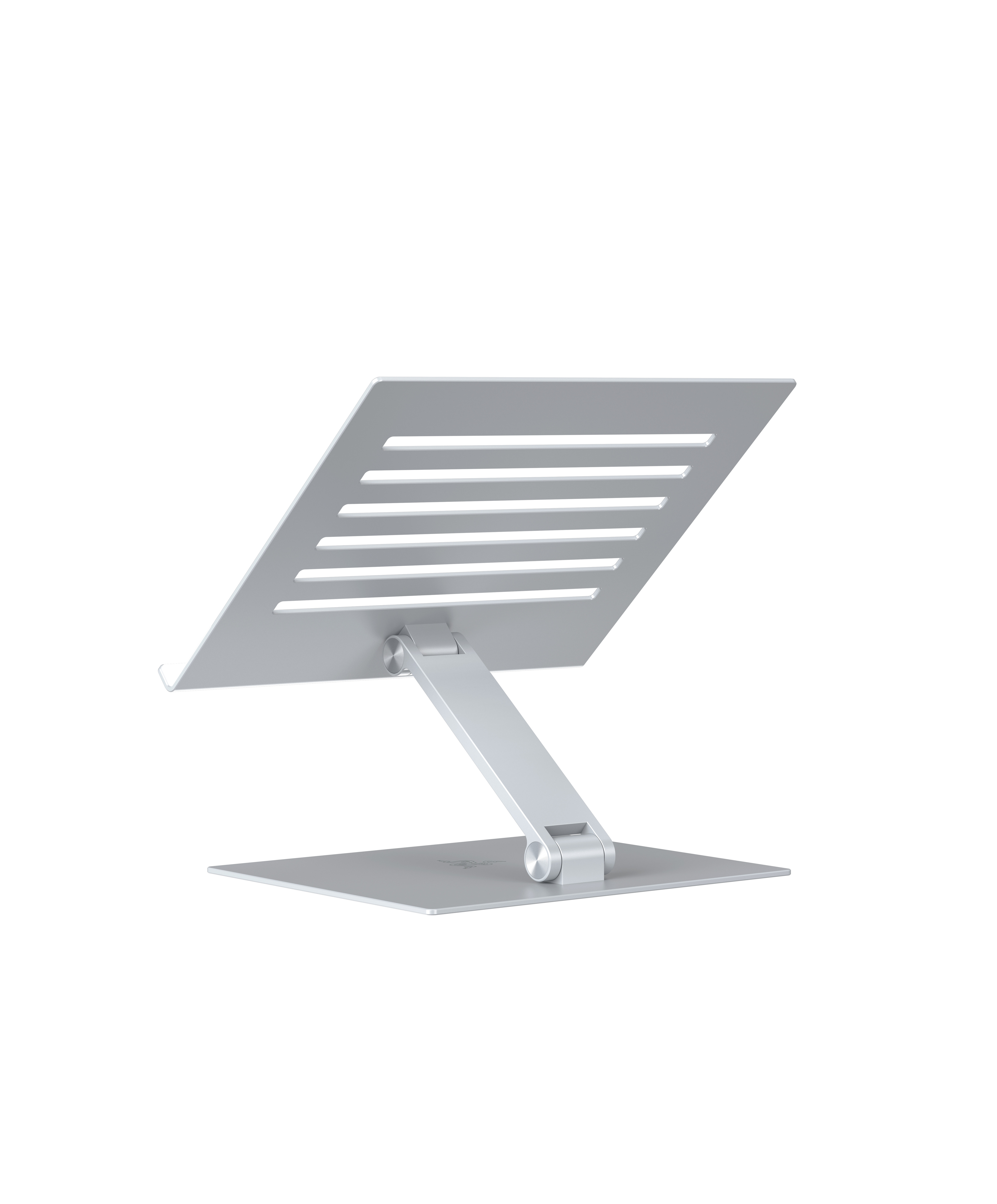 A silver metal laptop stand with a flat base, adjustable arm, and vented platform on a white background.