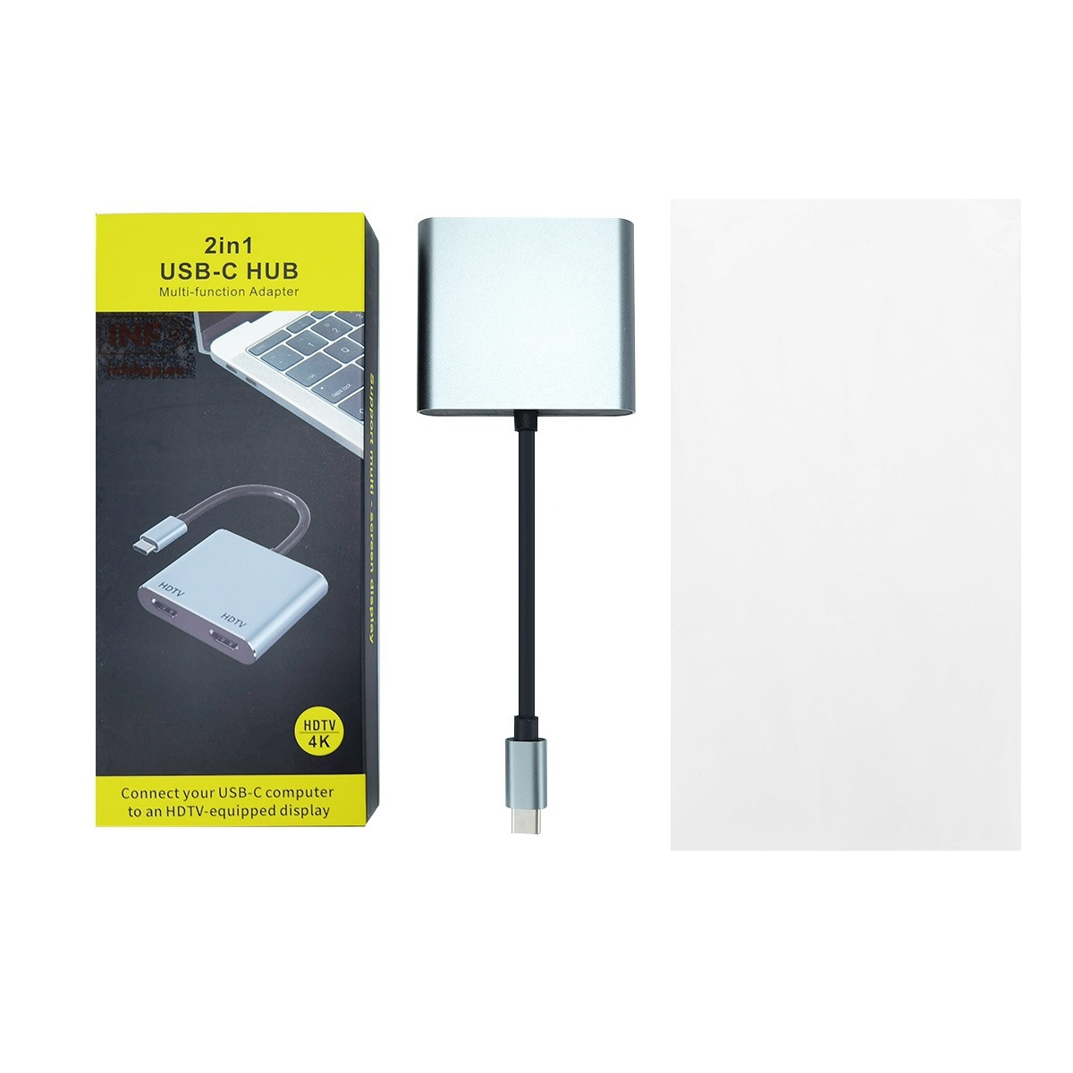 Srebrny hub USB-C 2 w 1 z krótkim kablem i pudełkiem.