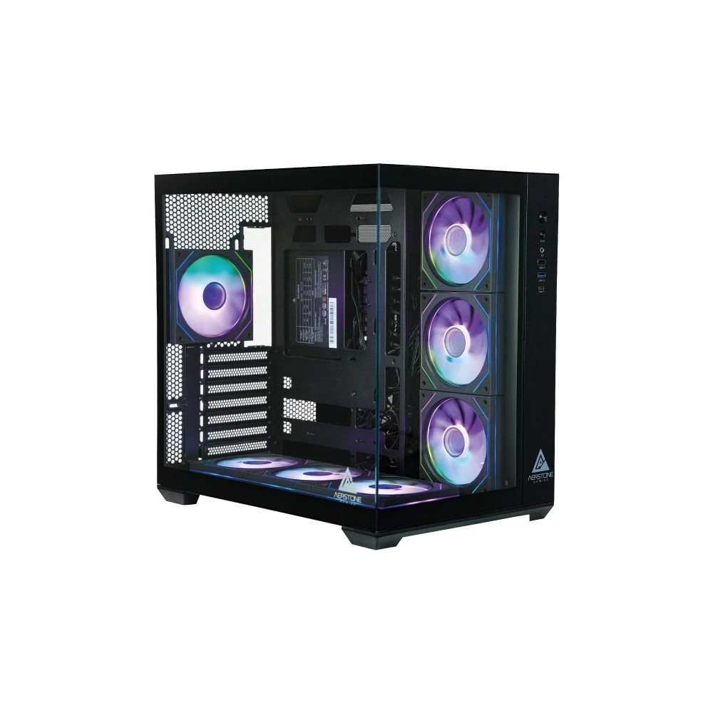 Mor ve mavi ışık yayan RGB fanlara ve cam panellere sahip siyah bir oyuncu kasası.
