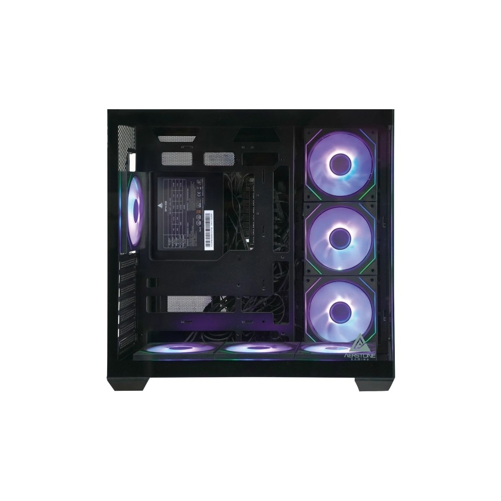 RGB fanlı ve güç kaynaklı siyah bilgisayar kasası içi.