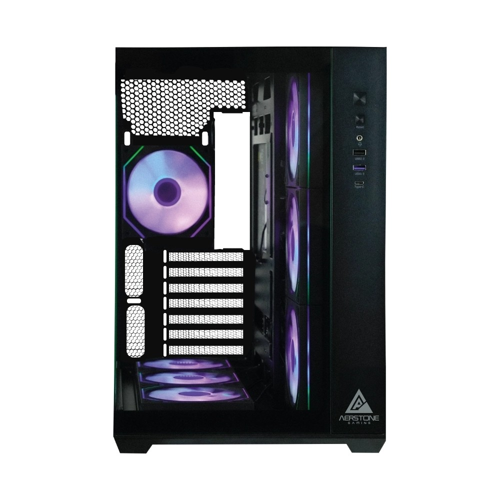 Beyaz arka planda RGB fanlı siyah Aerstone oyuncu bilgisayarı kasası.
