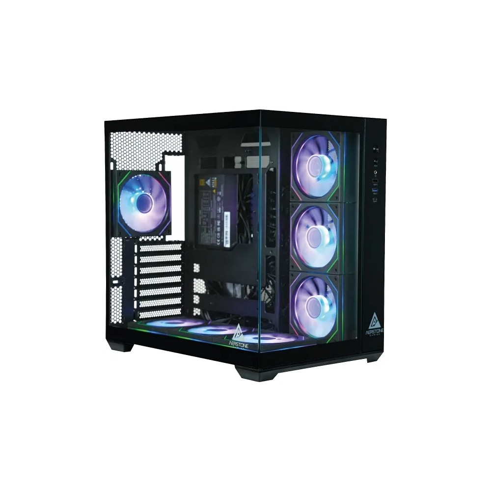 Cam ön cepheli ve renkli RGB fanlı siyah bilgisayar kasası.