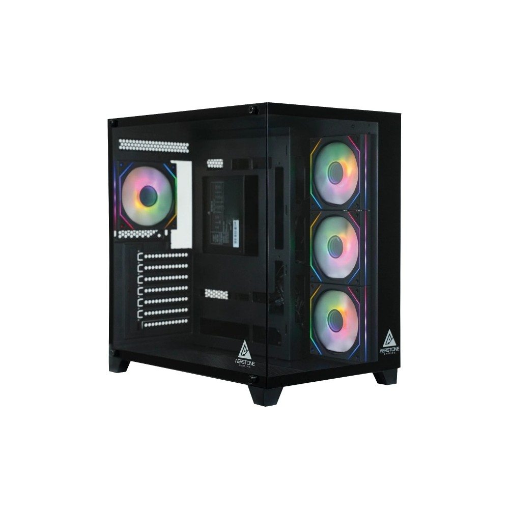 Cam ön yüzlü ve renkli RGB fanlı siyah bilgisayar kasası.
