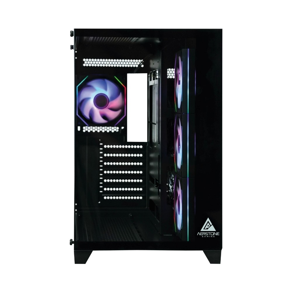 Beyaz arka planda RGB fanlara ve havalandırma deliklerine sahip siyah Aerstone oyuncu PC kasası.