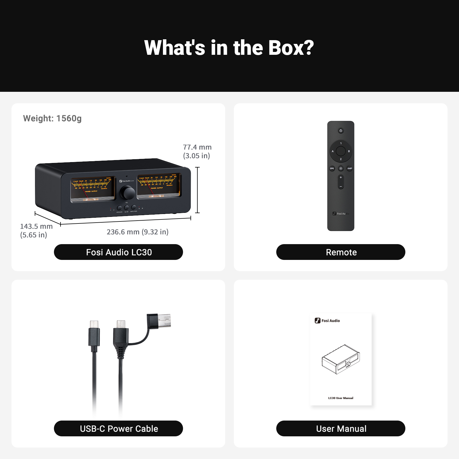 Zawartość opakowania: Fosi Audio LC30, pilot, kabel USB-C i instrukcja.