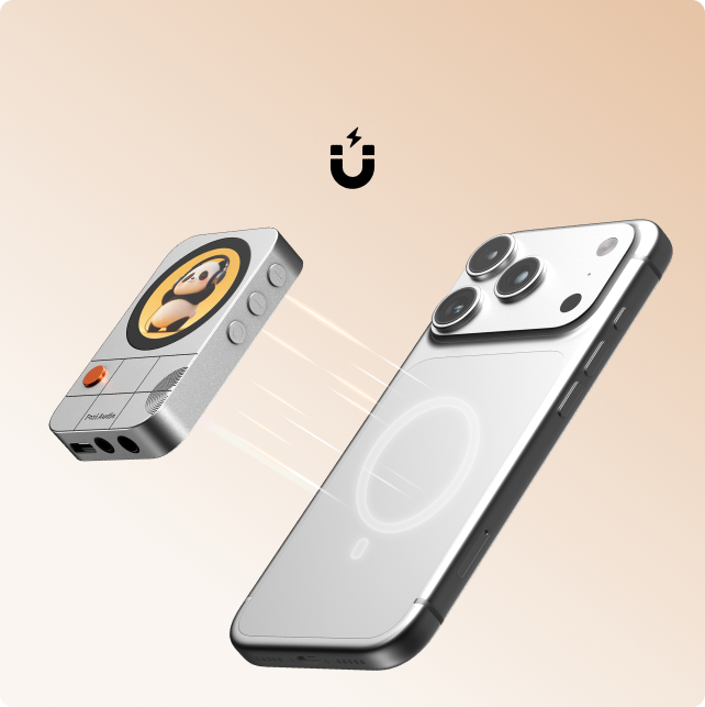 Magnetyczne urządzenie audio z pandą unoszące się nad smartfonem na beżowym tle z ikoną magnesu.