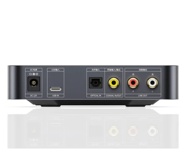 Tylny panel urządzenia audio z portami DC 12V, USB, wejściem optycznym, koaksjalnym i wyjściem liniowym.