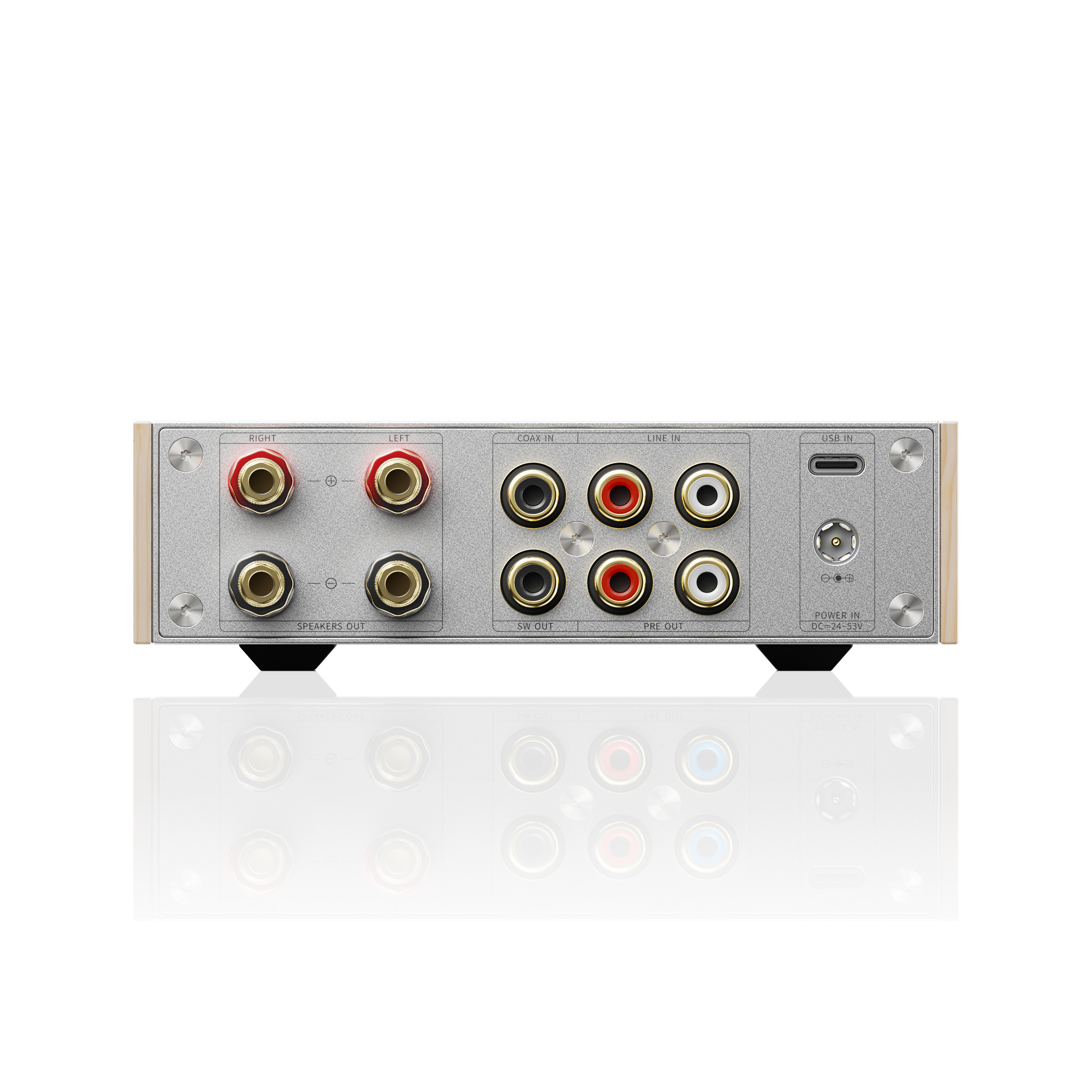 Tylny panel wzmacniacza audio z zaciskami głośnikowymi, wejściami RCA, USB-C i zasilaniem.
