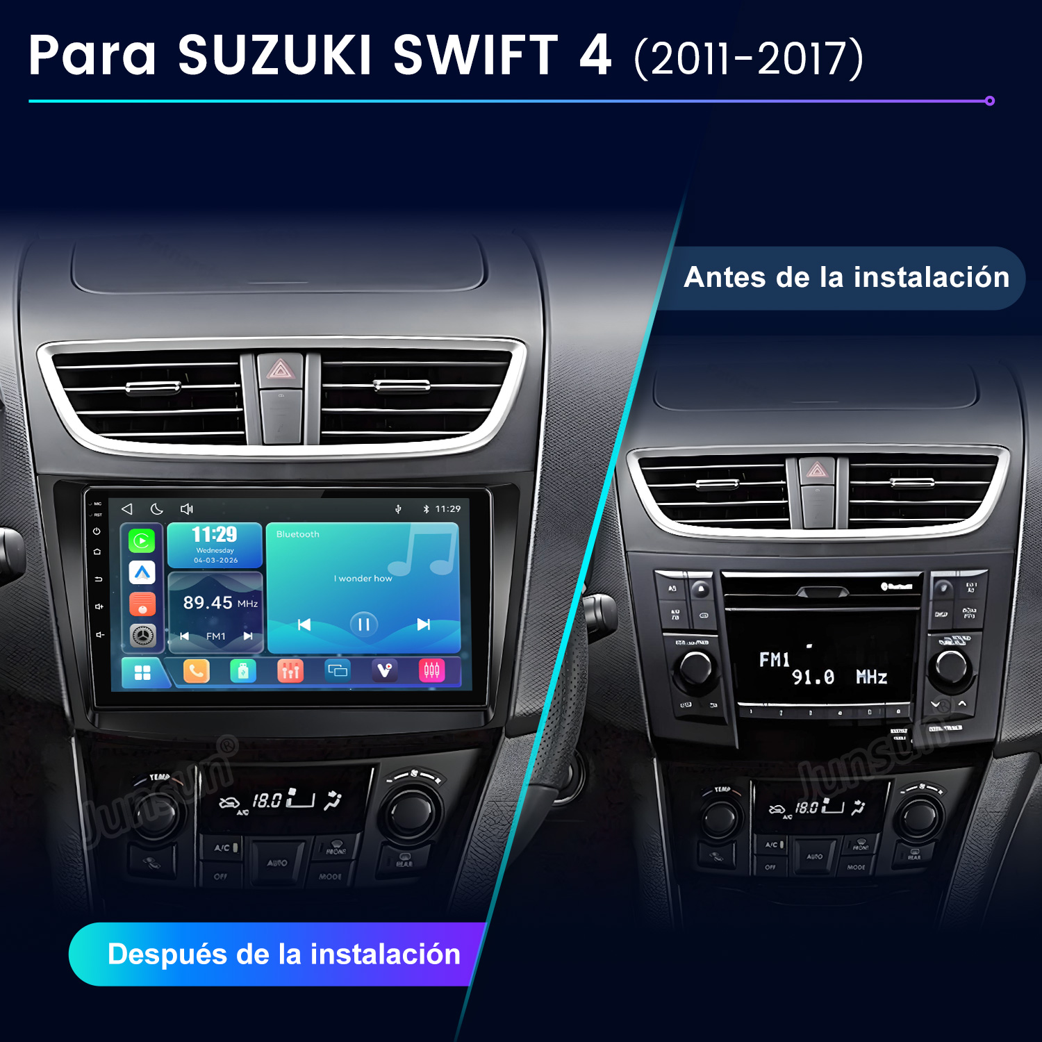 Comparación del tablero del Suzuki Swift antes y después de instalar un nuevo sistema multimedia táctil.