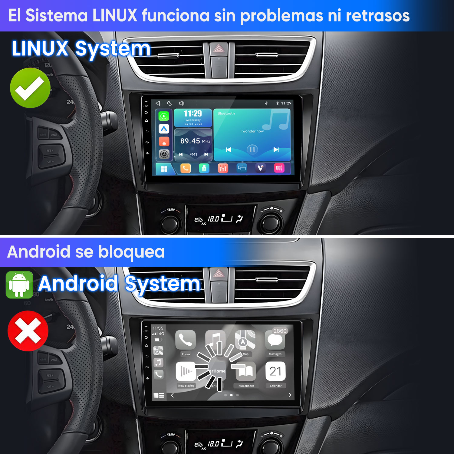 Comparación de dos sistemas de infoentretenimiento: Linux fluido y Android con círculo de carga.