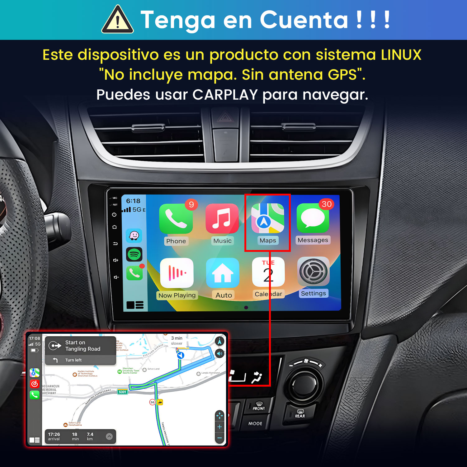 Tablero de auto con pantalla táctil, iconos de aplicaciones y mapa, con texto de advertencia en español arriba.