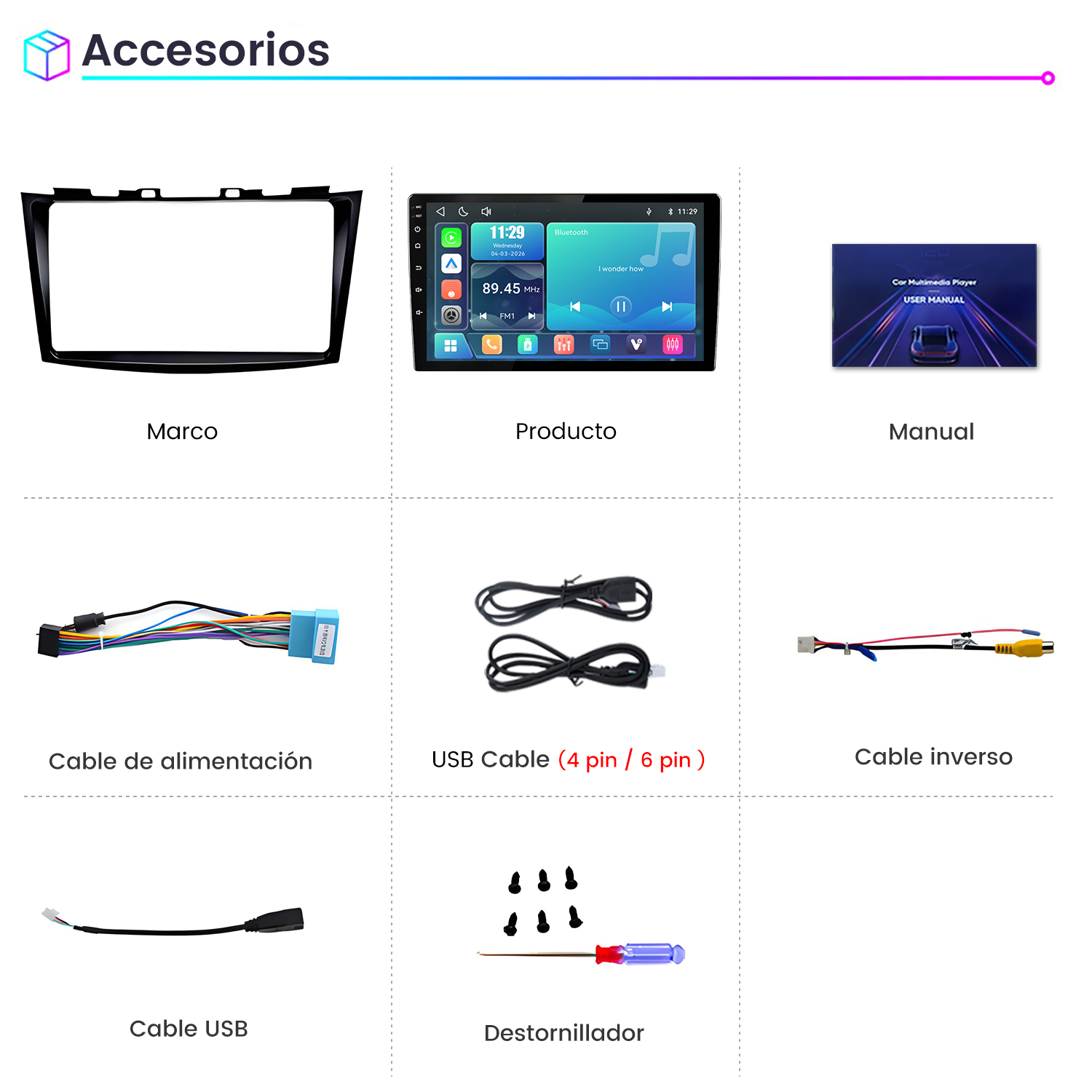 Accesorios para autoradio que incluyen marco, pantalla, manual y varios cables.