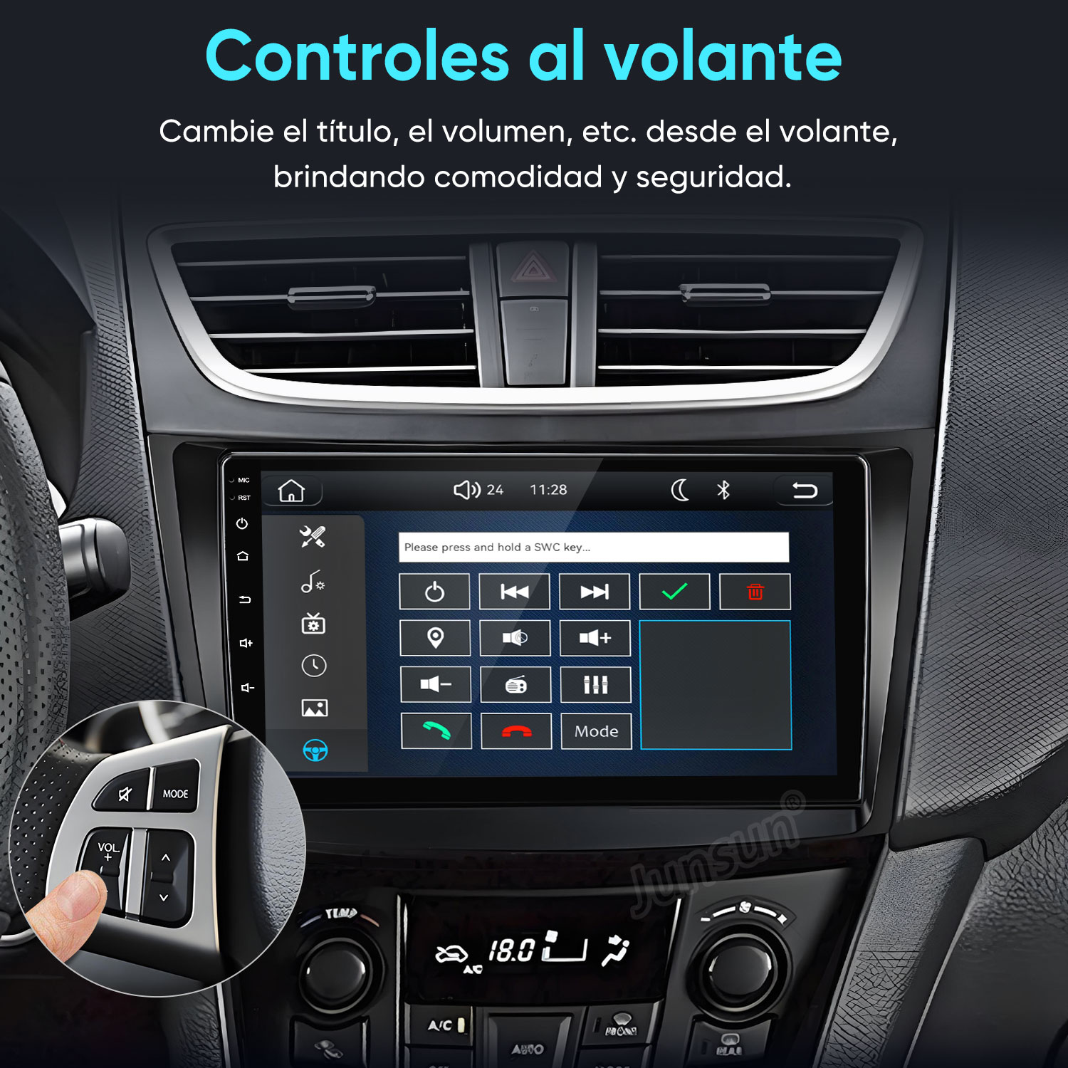 Interior de coche con pantalla táctil y zoom en botones del volante.