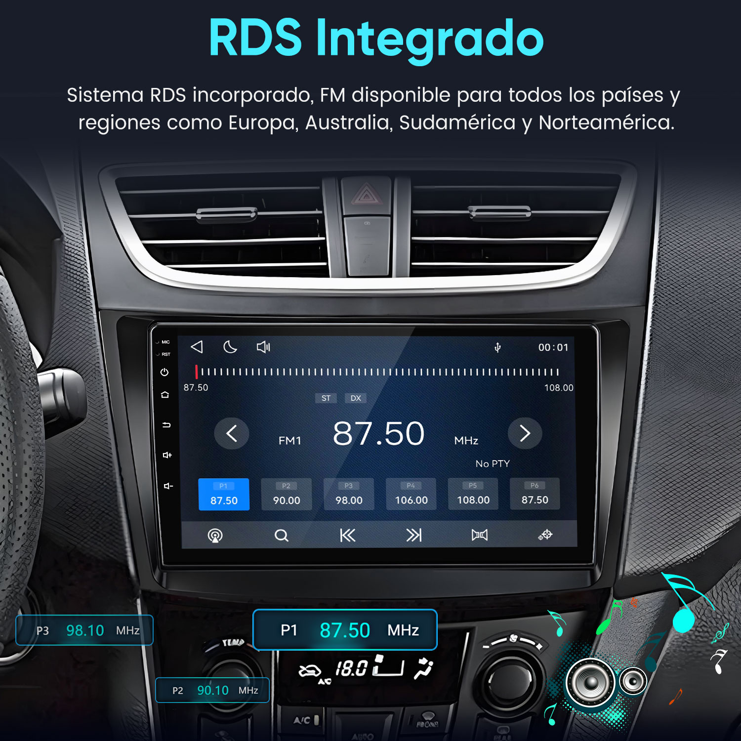 Autoradio con pantalla táctil e interfaz de radio FM en el salpicadero.