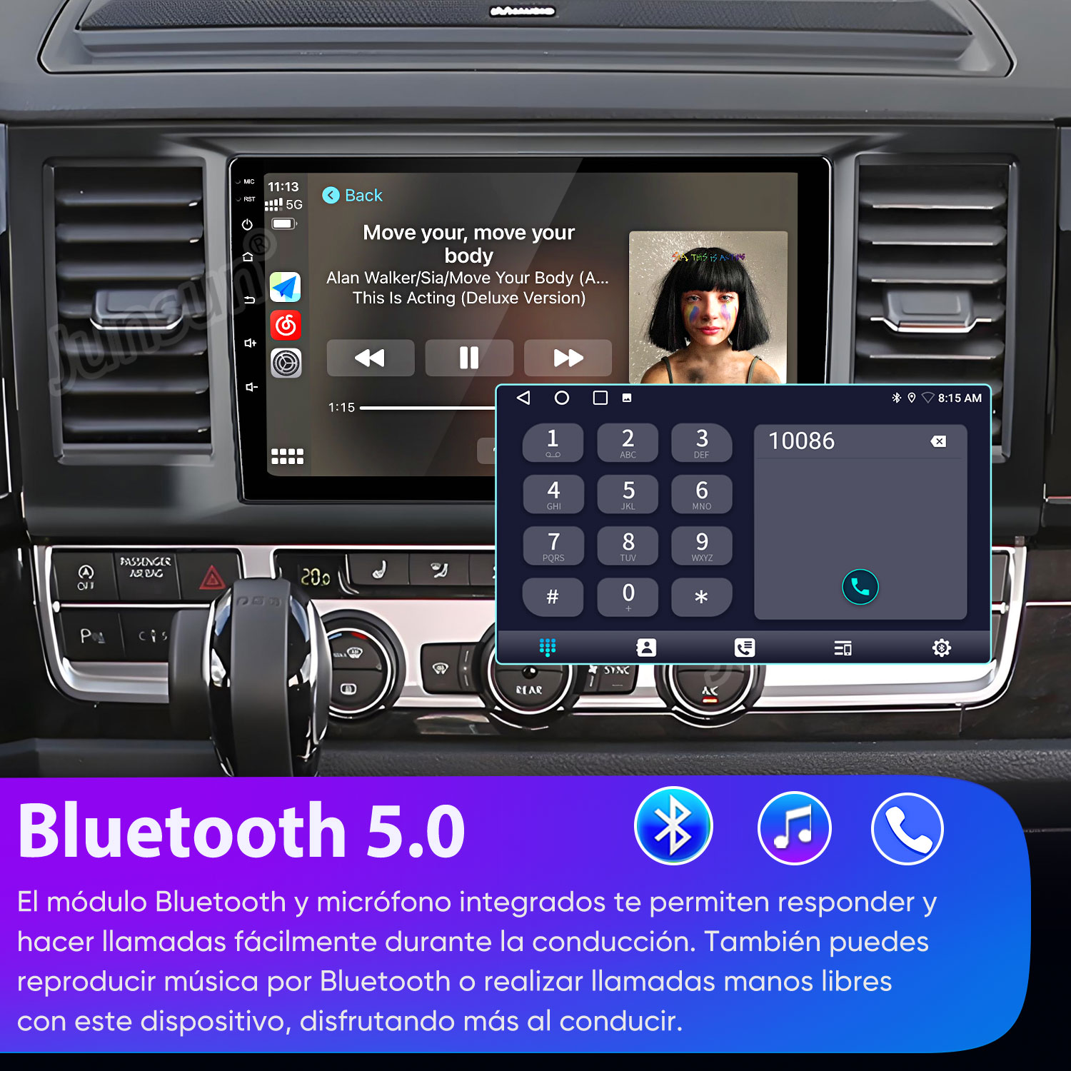Salpicadero con pantalla táctil de música y marcador, y texto de Bluetooth 5.0.