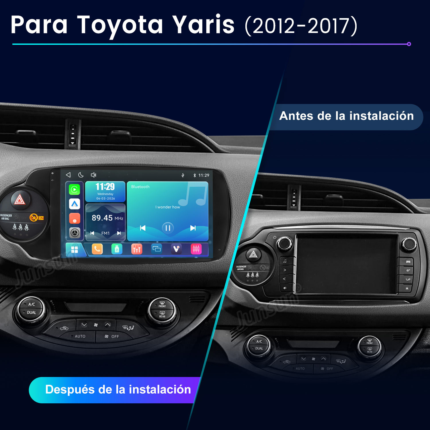 Comparación del tablero del Toyota Yaris antes y después de instalar un sistema táctil moderno.