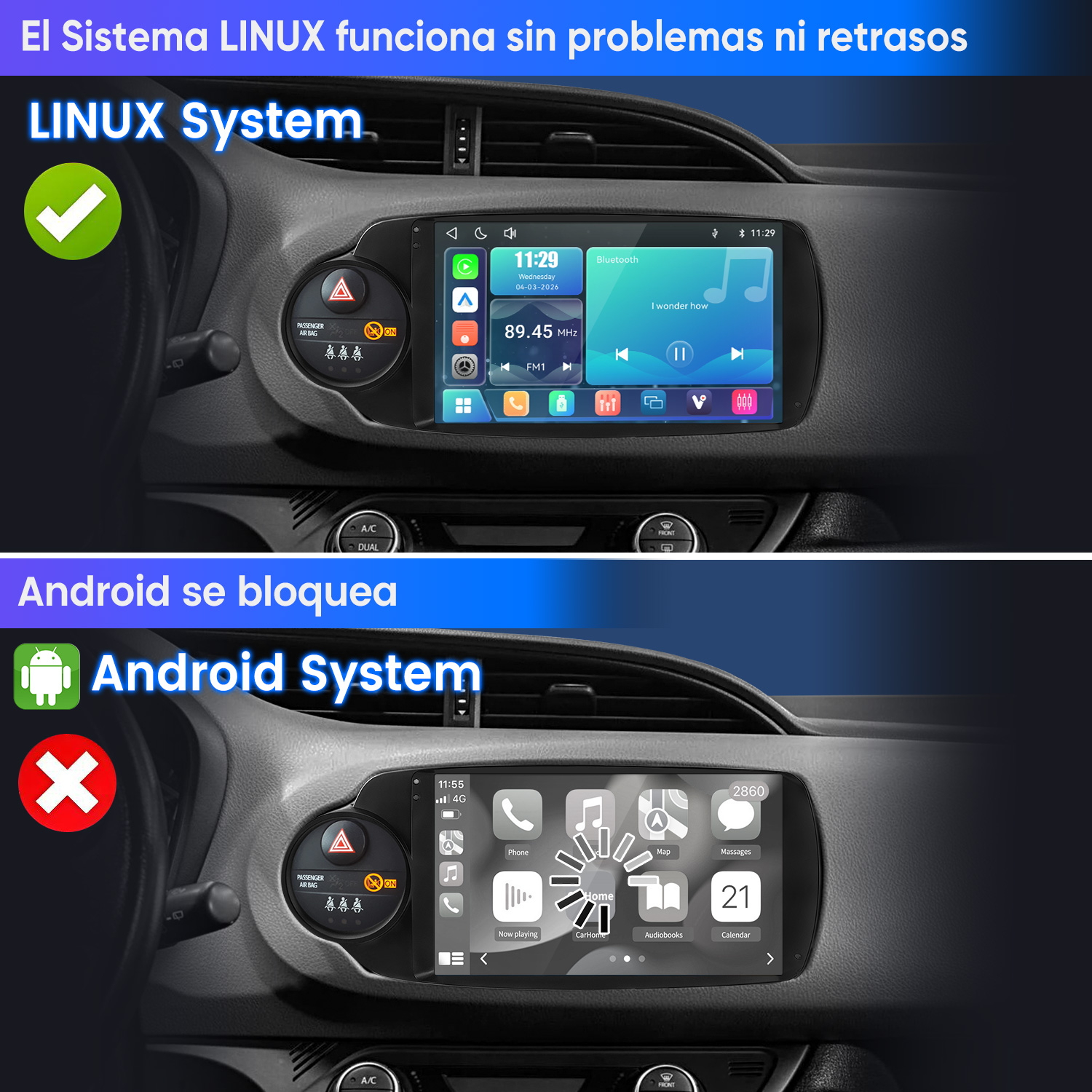 Comparación de dos pantallas de coche: Un sistema Linux funciona sin problemas, mientras que un sistema Android se bloquea.