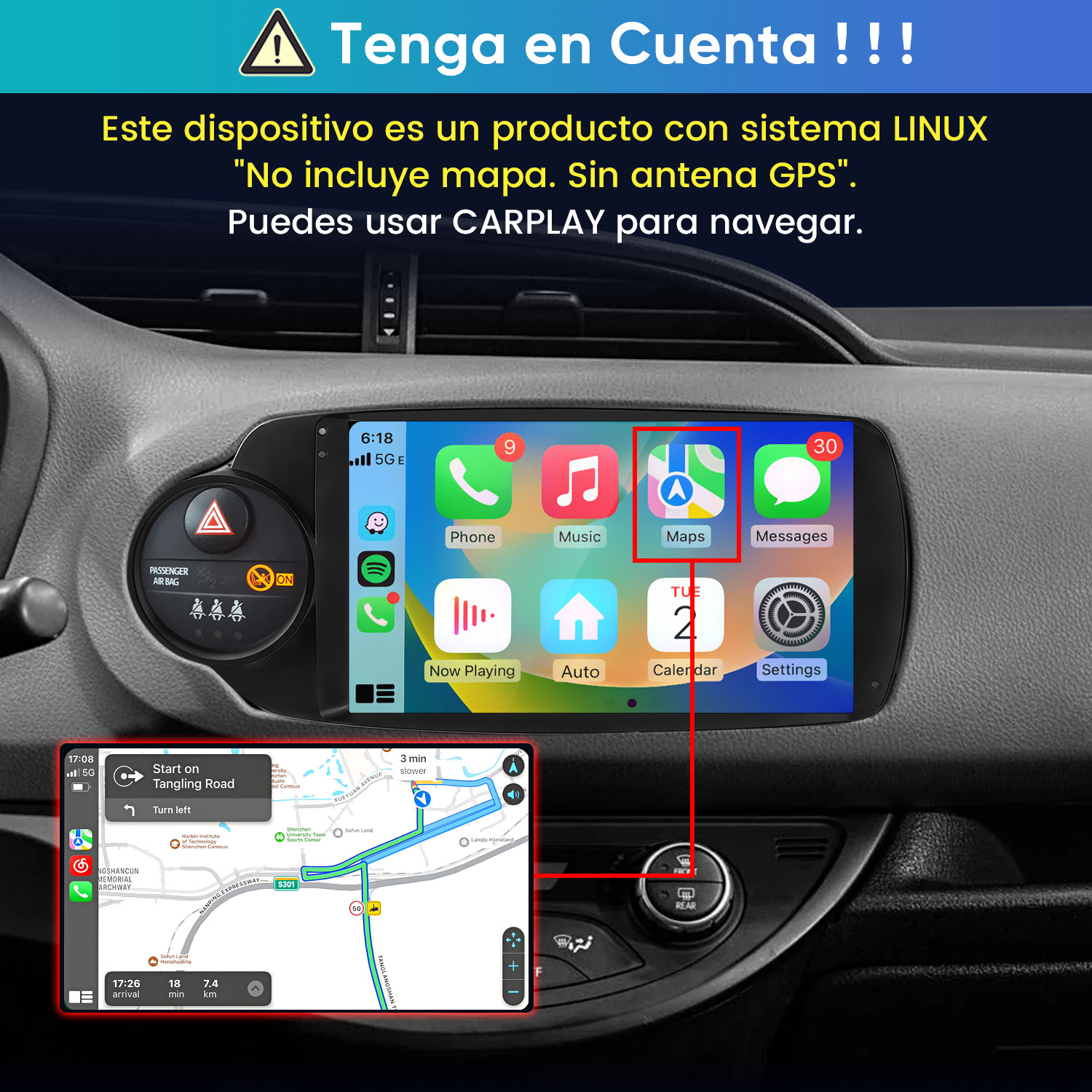 Radio de coche Linux sin antena GPS, usando CarPlay para navegar.