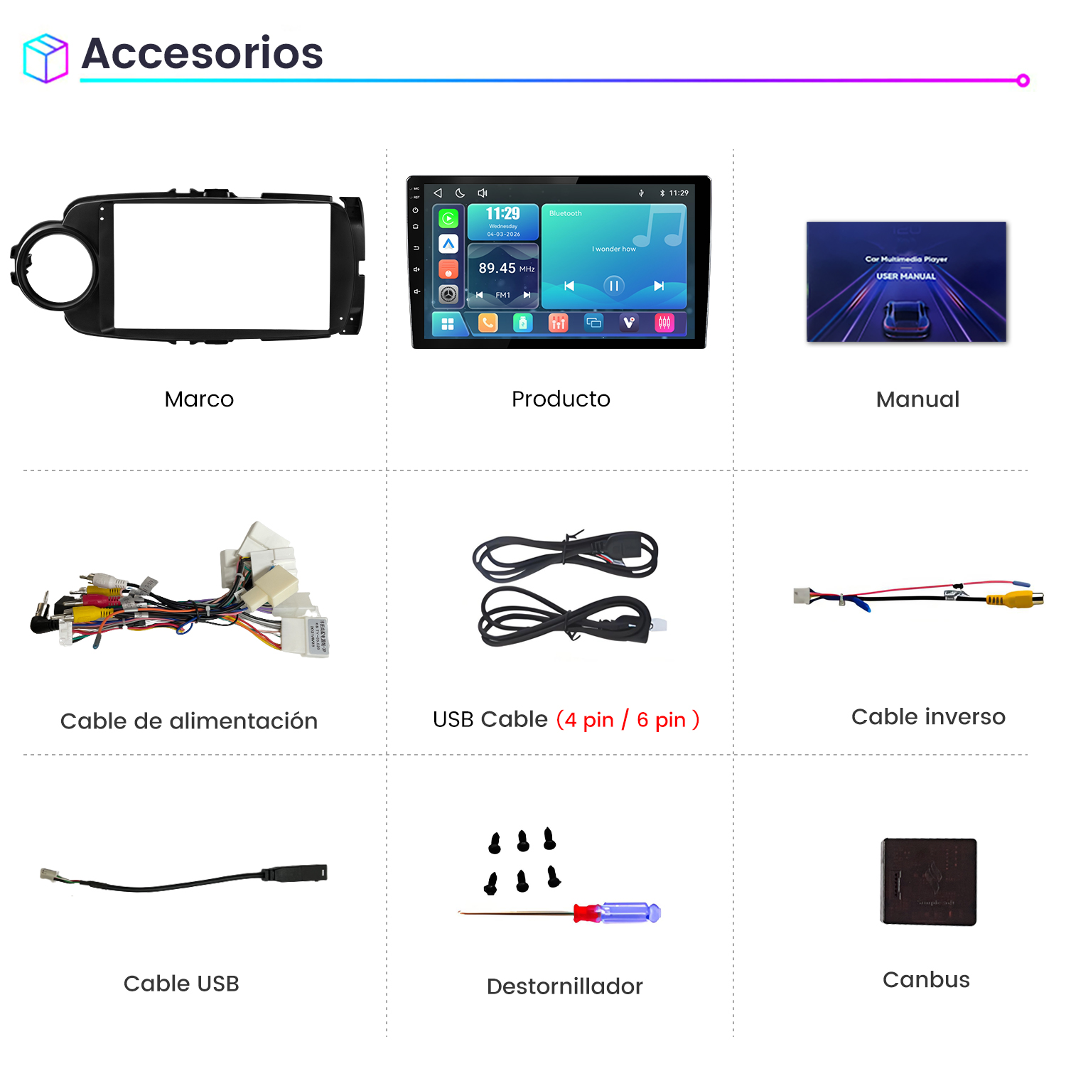 Cuadrícula de accesorios para autoradio: marco, pantalla, manual, cables, tornillos, destornillador y canbus.