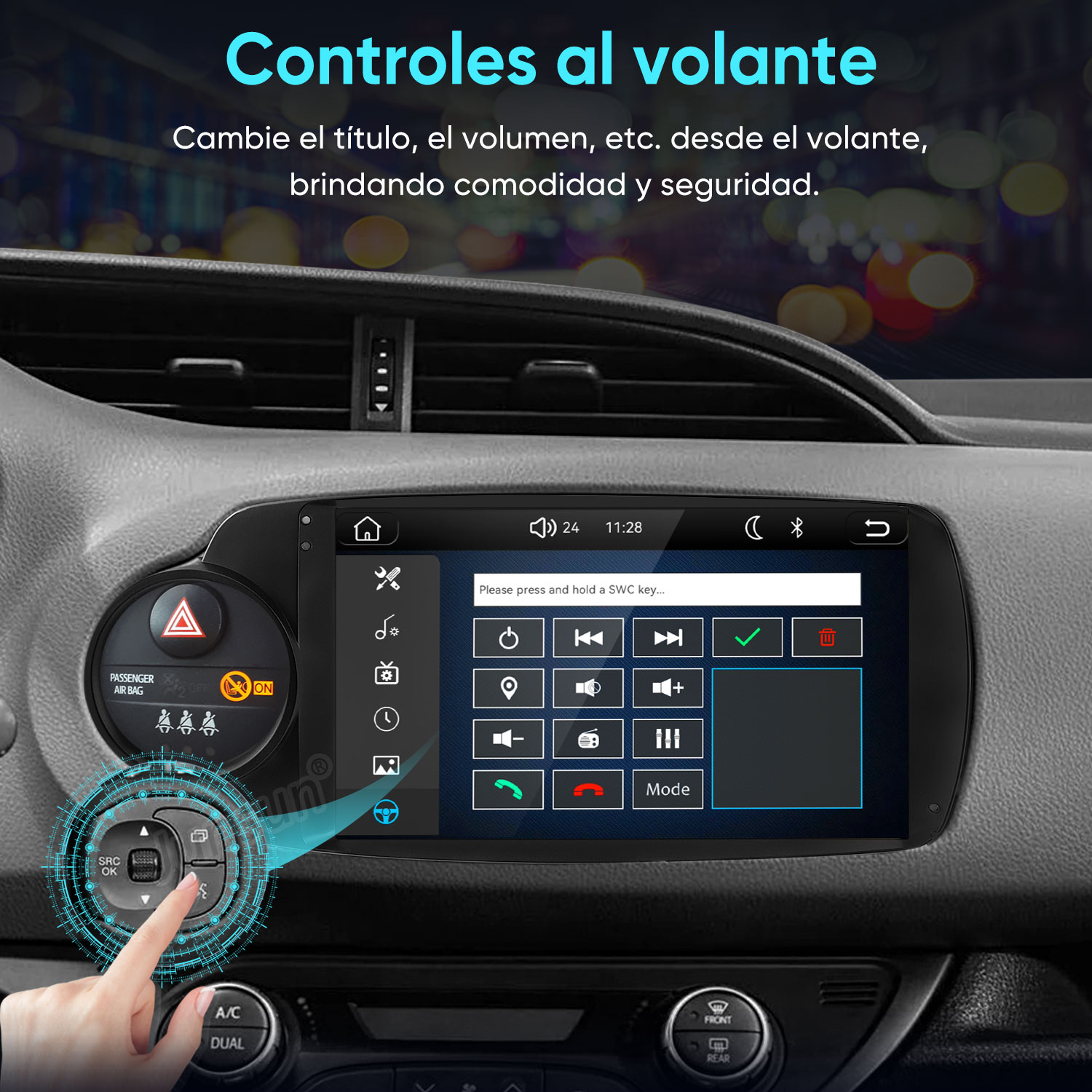 Pantalla de coche con ajustes de control en el volante y un dedo señalando el botón del tablero.