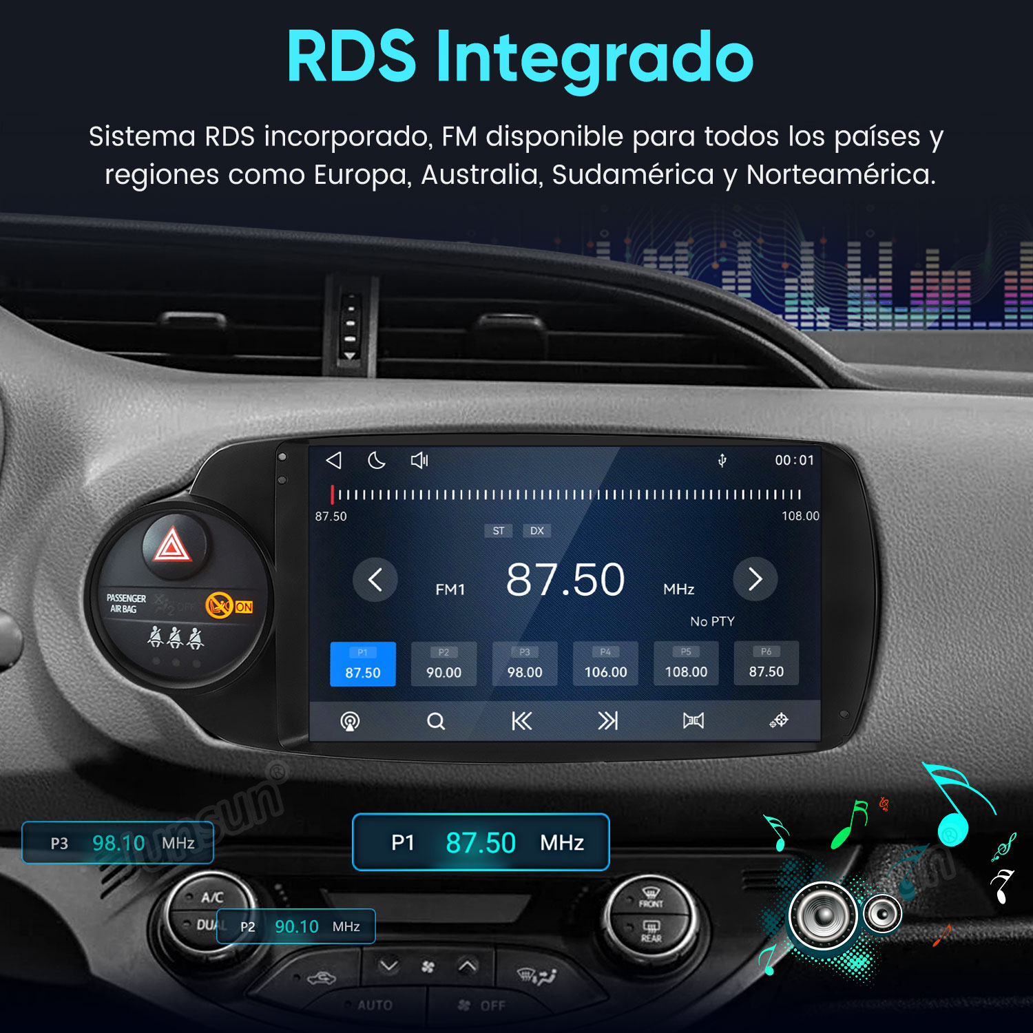 Salpicadero de coche con pantalla digital que muestra radio FM sintonizada en 87.50 MHz con RDS.