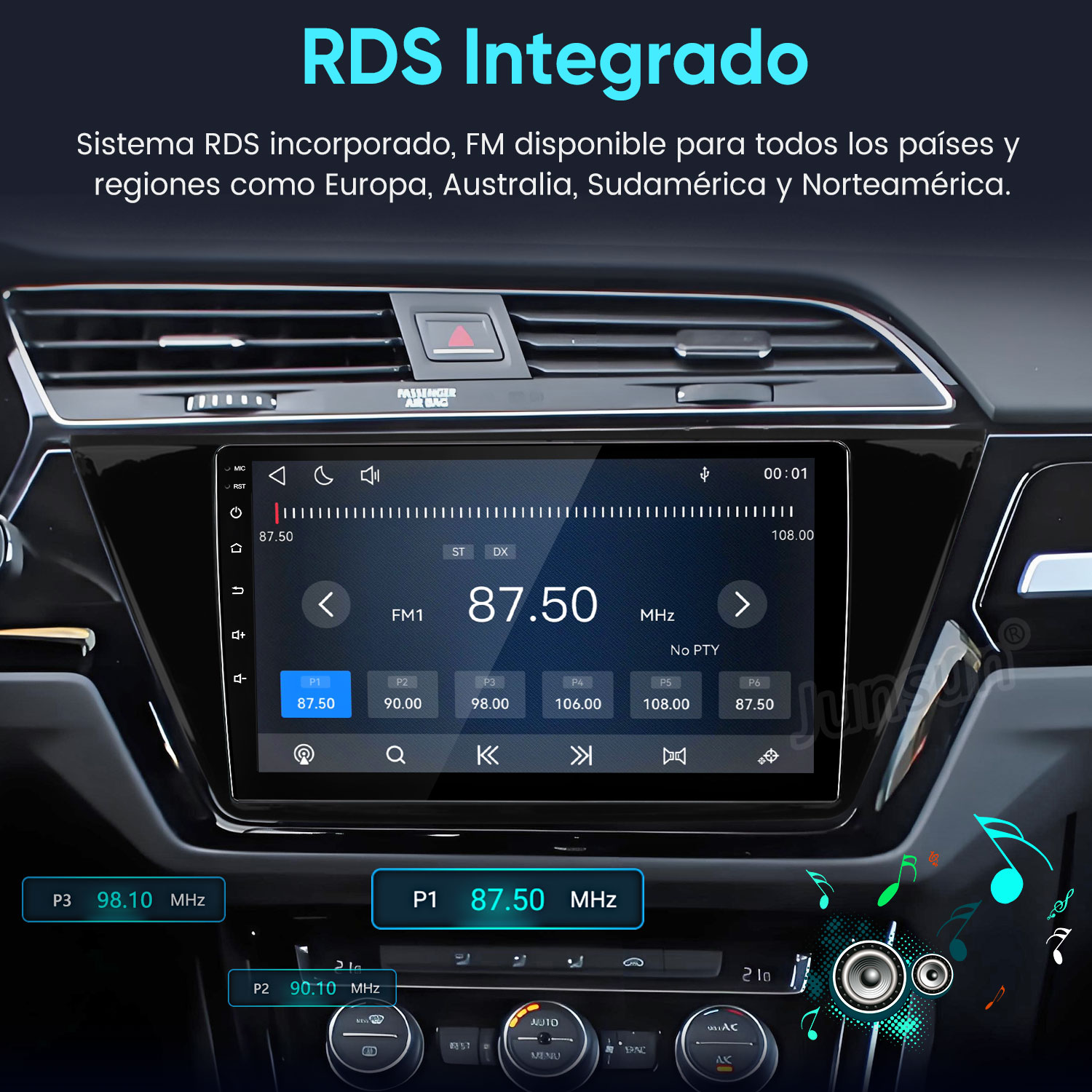 Salpicadero de coche con pantalla táctil de radio integrada sintonizada en FM 87.50 MHz.