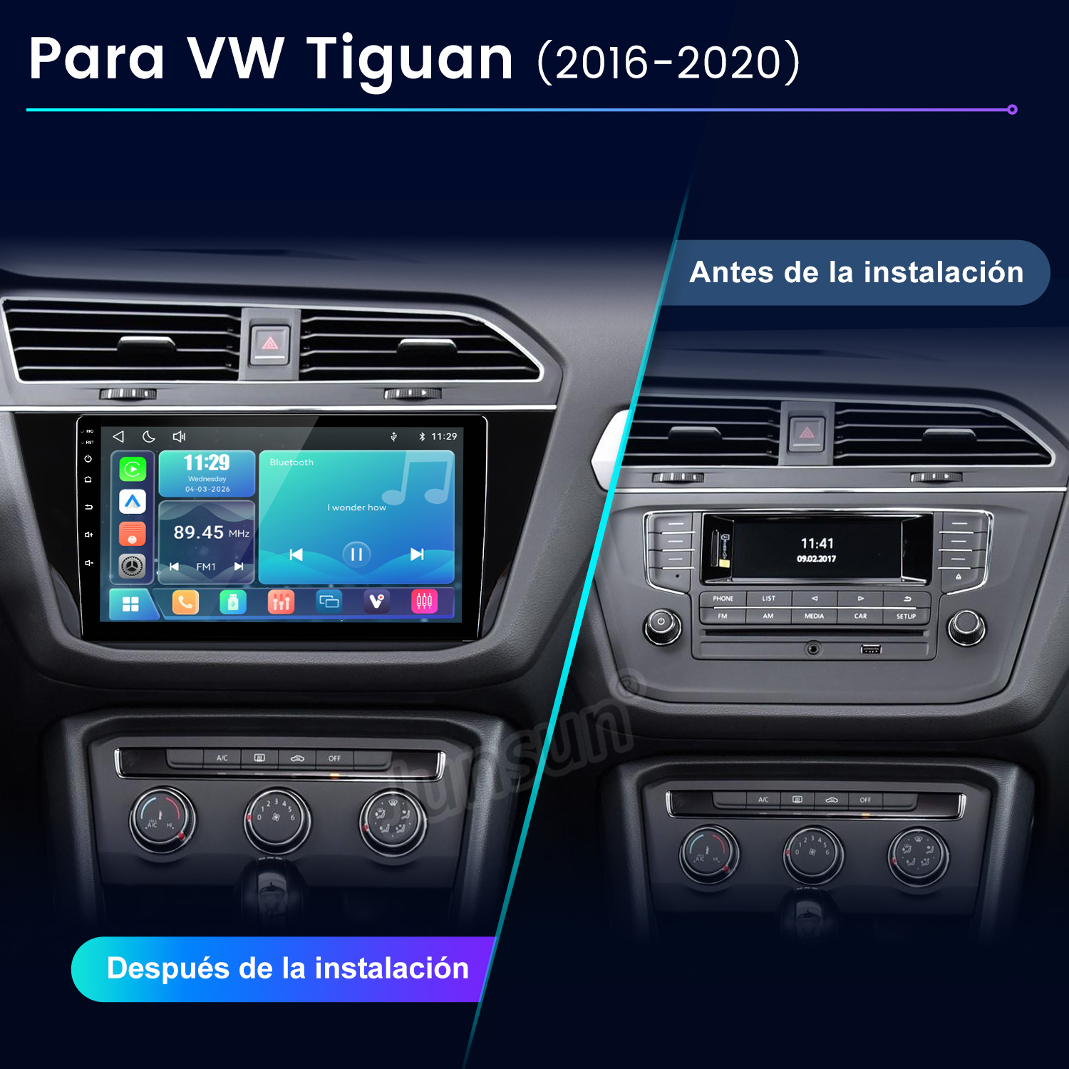 Comparación del salpicadero de un VW Tiguan antes y después de instalar una gran pantalla táctil.