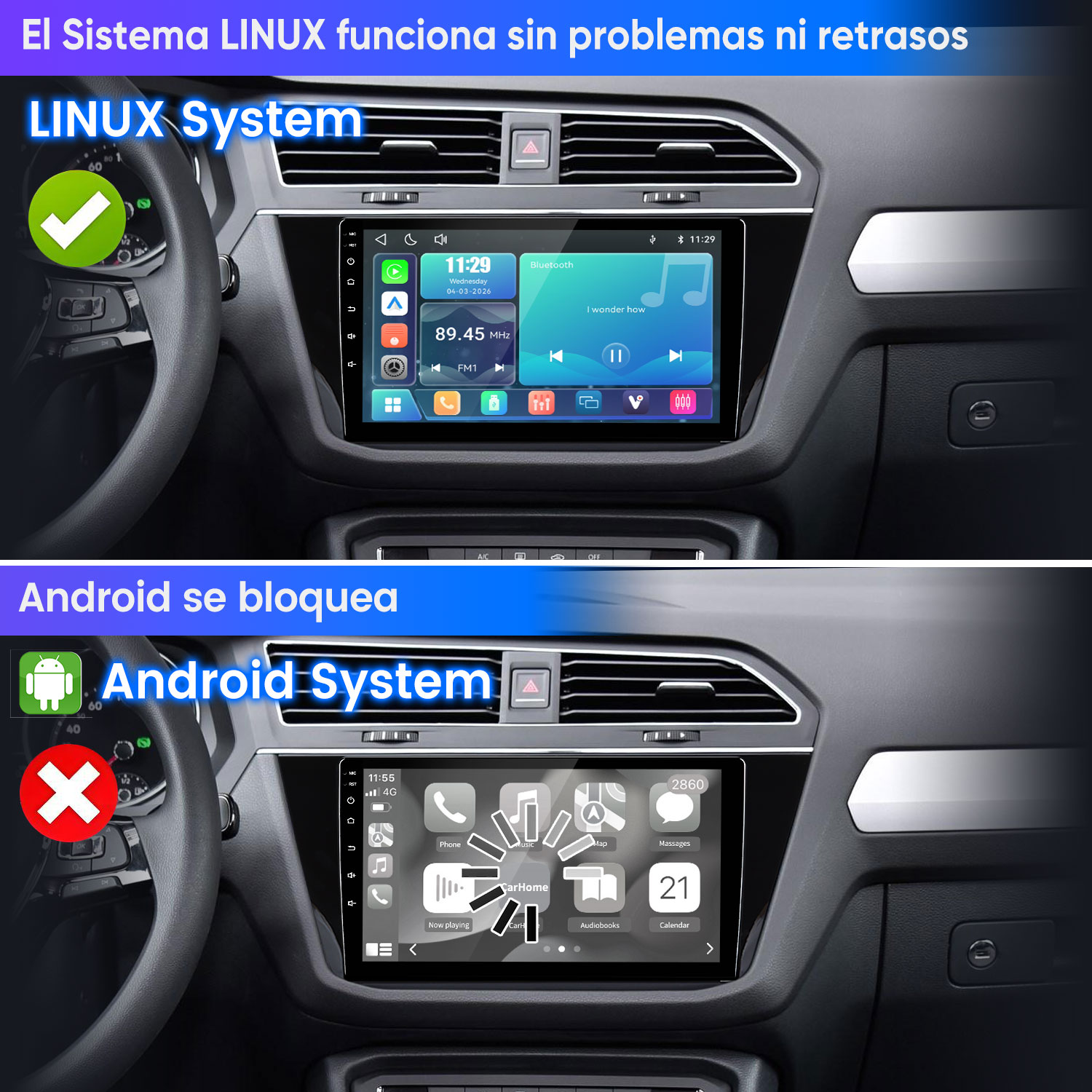 Comparación de pantallas de auto: Linux muestra widgets fluidos, Android muestra un círculo de carga bloqueado.