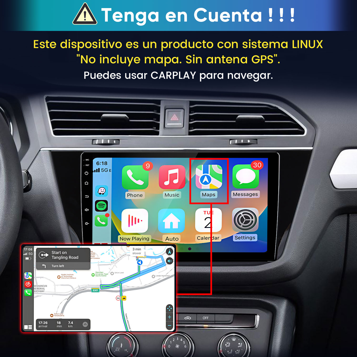 Salpicadero de coche con pantalla táctil CarPlay y textos de advertencia en español arriba.