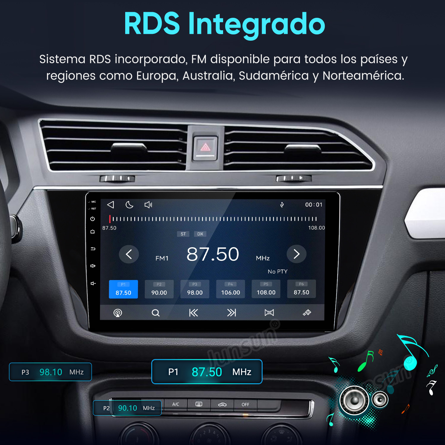 Pantalla táctil multimedia para coche con interfaz de radio FM en el salpicadero.