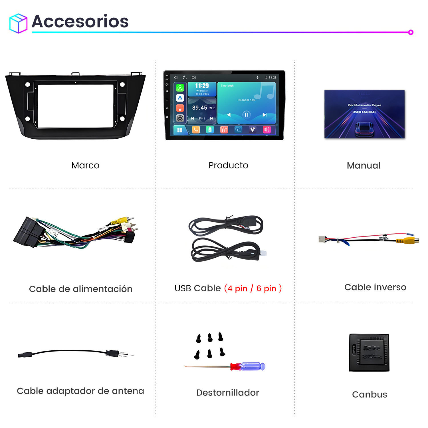 Resumen de accesorios para automóviles que incluye pantalla, cables, marco, manual y herramientas.