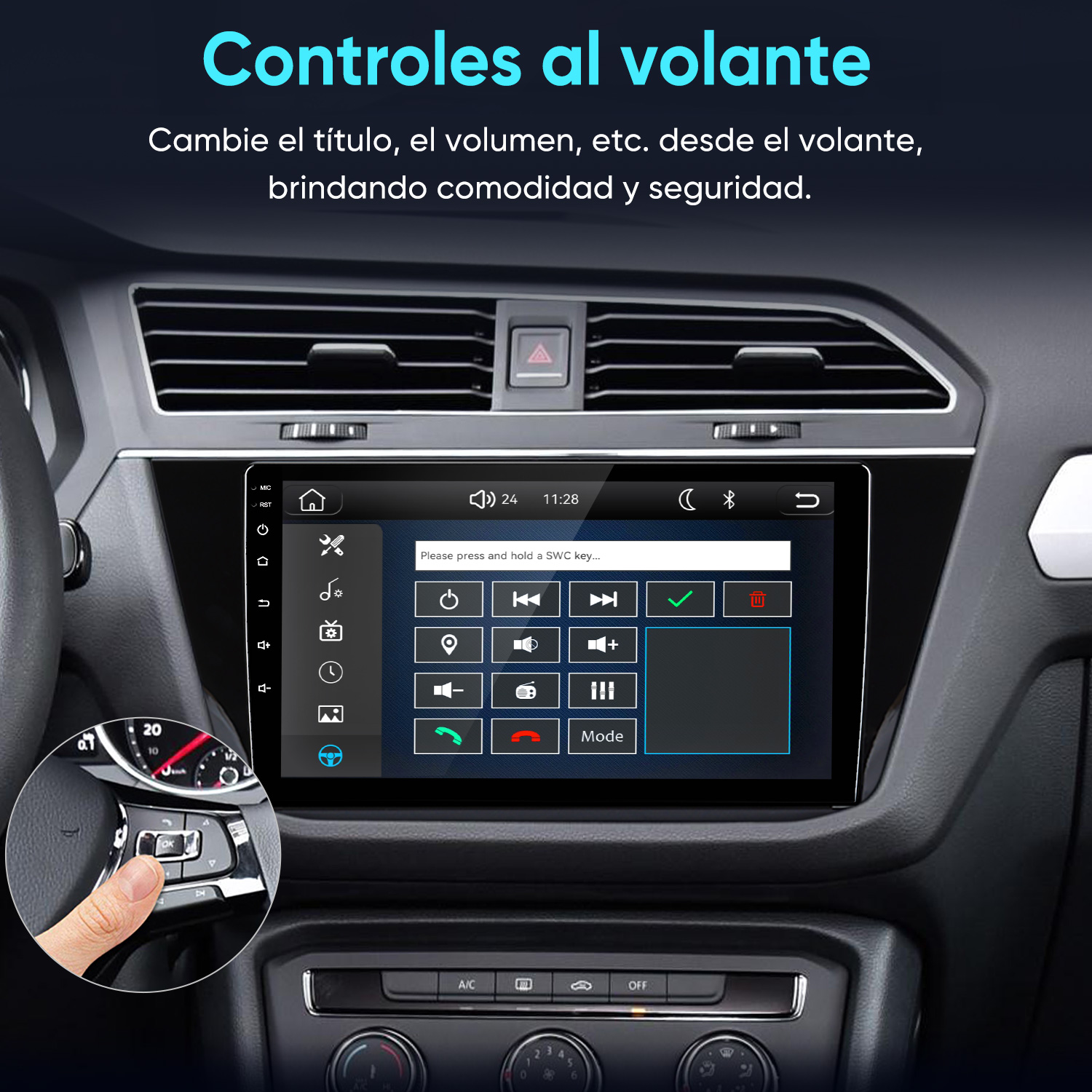 Tablero de auto con pantalla táctil y un inserto circular con botones del volante.