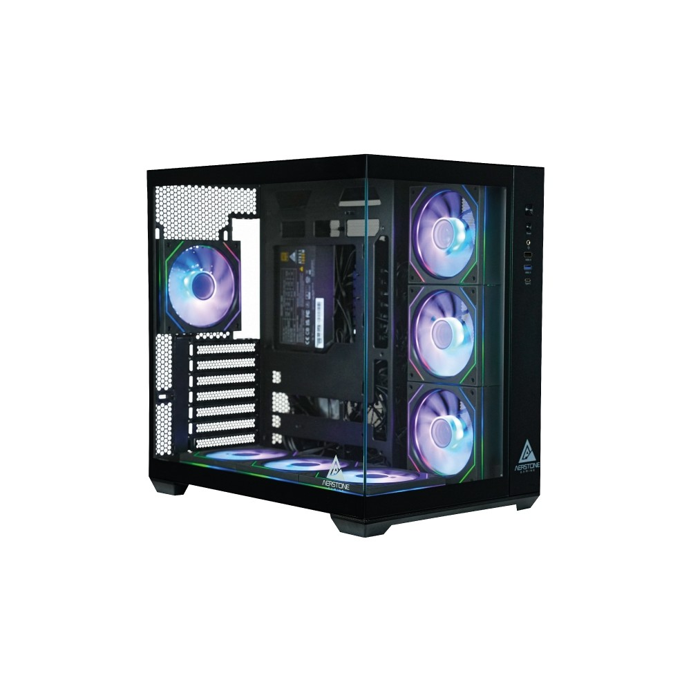 Cam ön yüzlü ve renkli RGB fanlı siyah bilgisayar kasası.