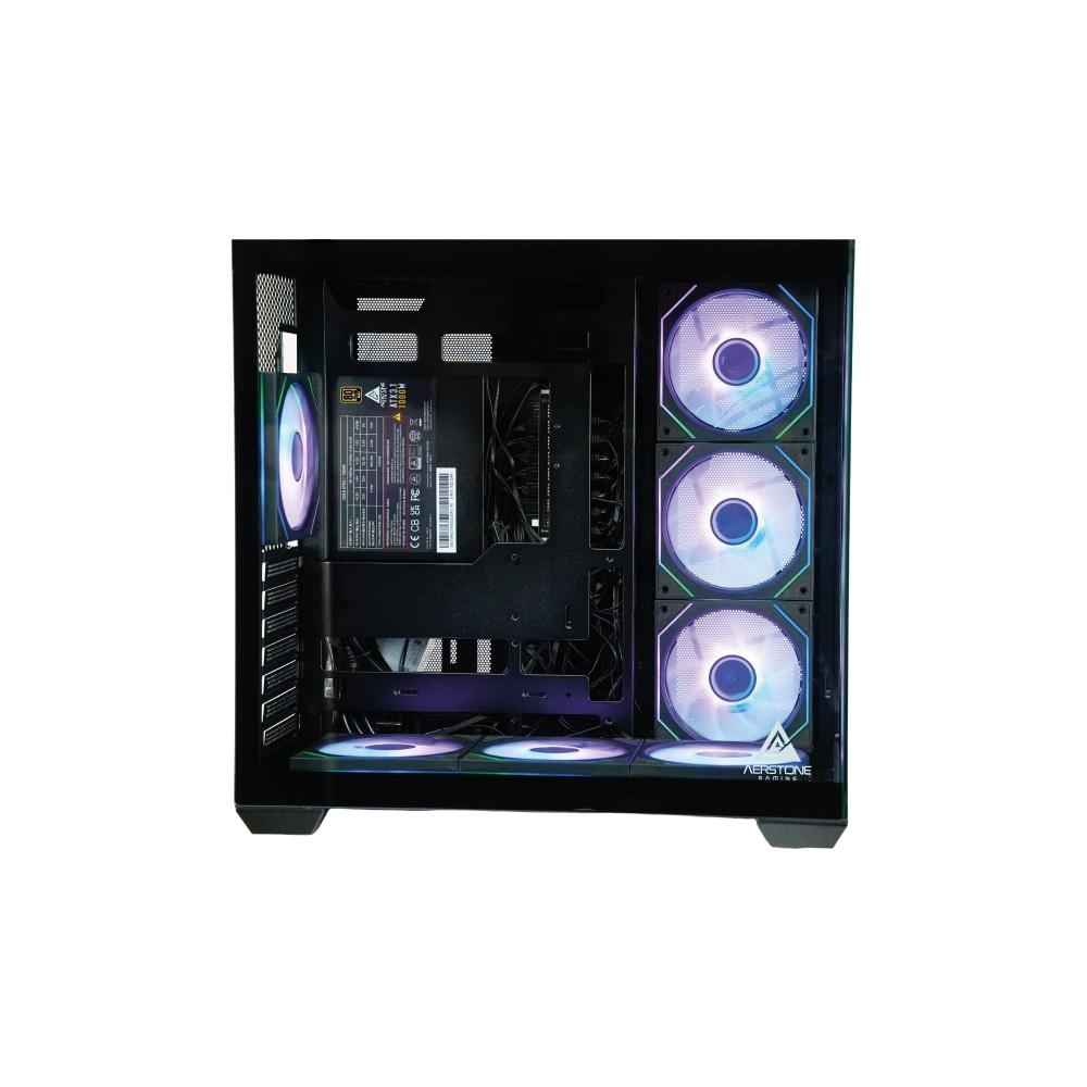Yan ve alt kısmında çok sayıda RGB aydınlatmalı fan bulunan siyah bir PC kasasının içi.