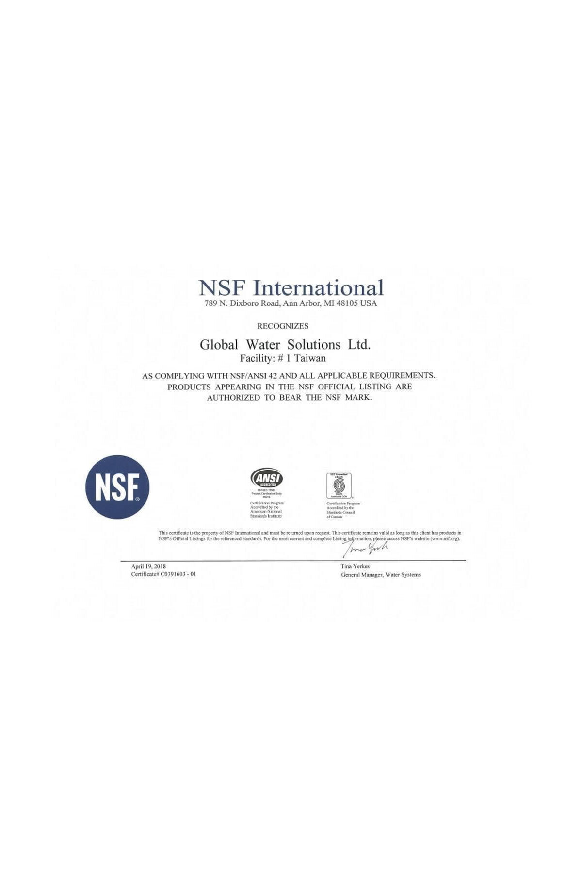 Global Water Solutions Ltd. için NSF/ANSI 42 uyumluluğunu onaylayan NSF International sertifikası.