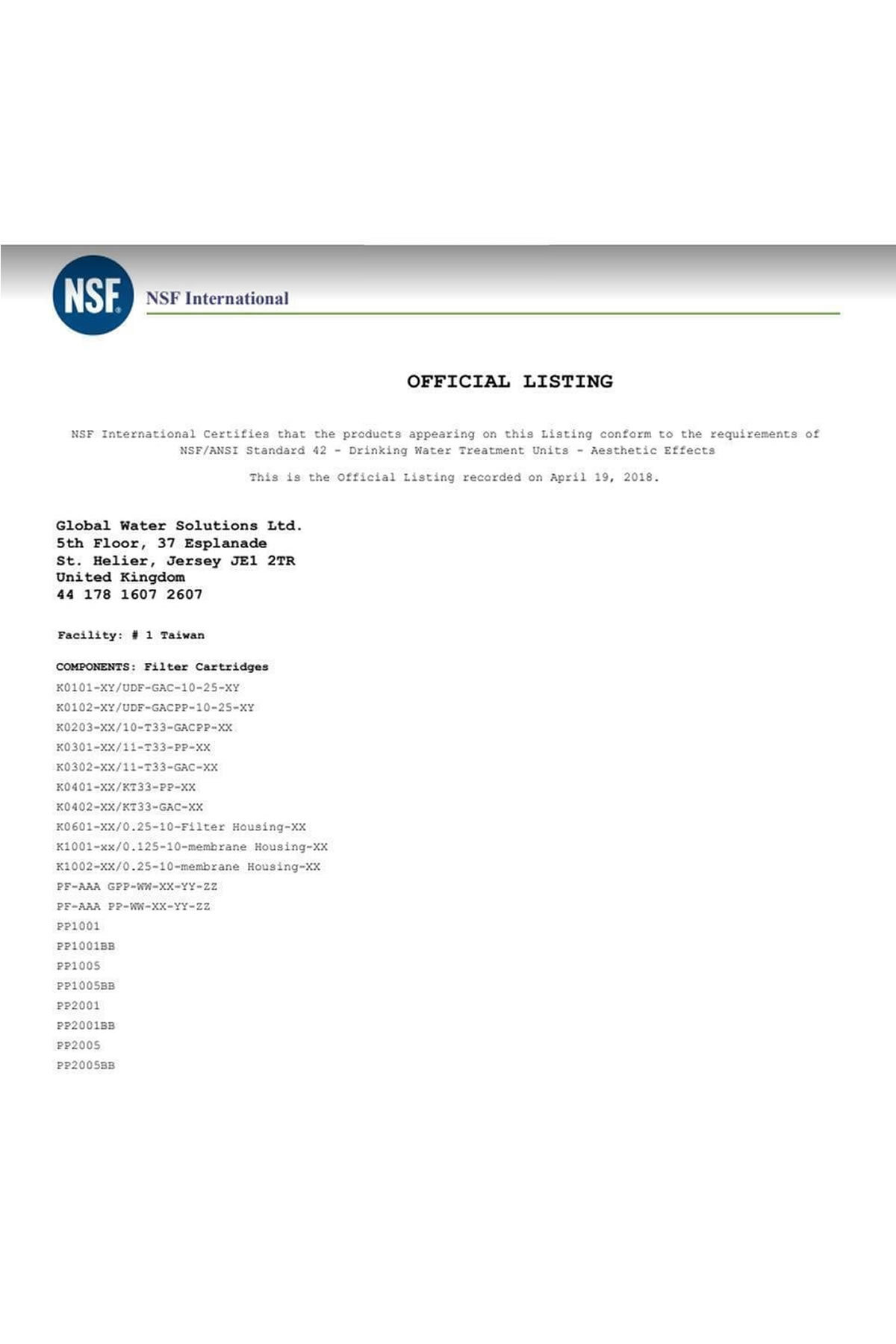 Sertifikalı su arıtma bileşenlerini ve şirket adresini detaylandıran NSF International resmi listeleme belgesi.