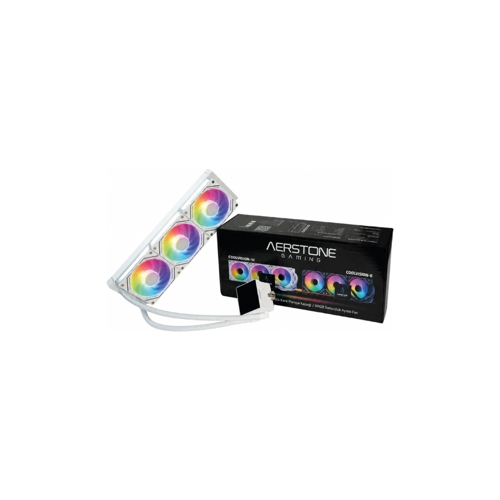 Üç RGB fanlı beyaz Aerstone gaming sıvı soğutucu ve siyah ürün kutusu.