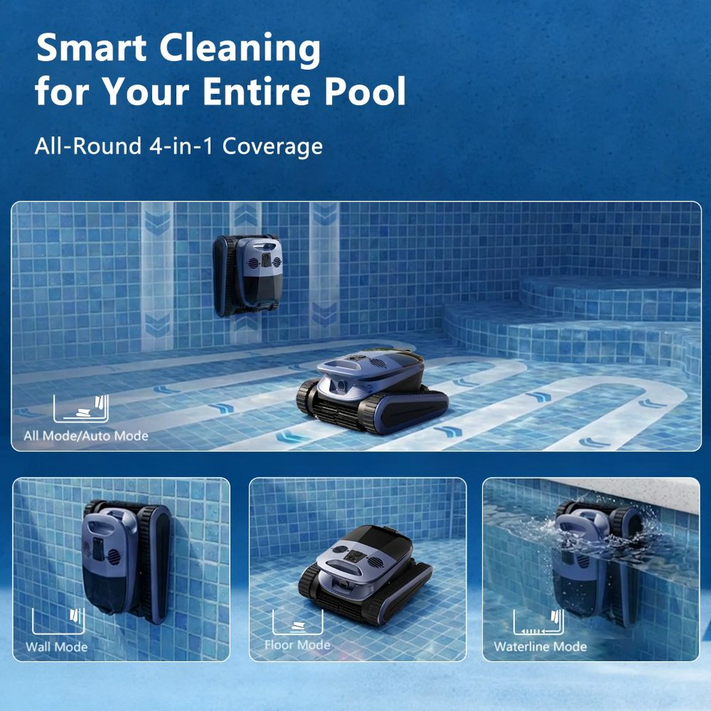 Un robot limpiapiscinas azul muestra modos de pared, suelo y línea de flotación en una piscina.