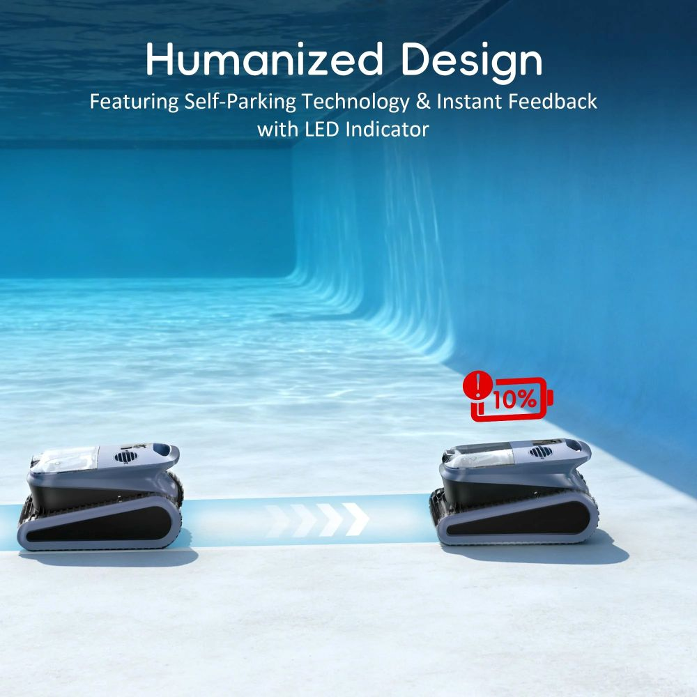 Un robot limpiafondos en una piscina con texto sobre tecnología de autoestacionamiento.